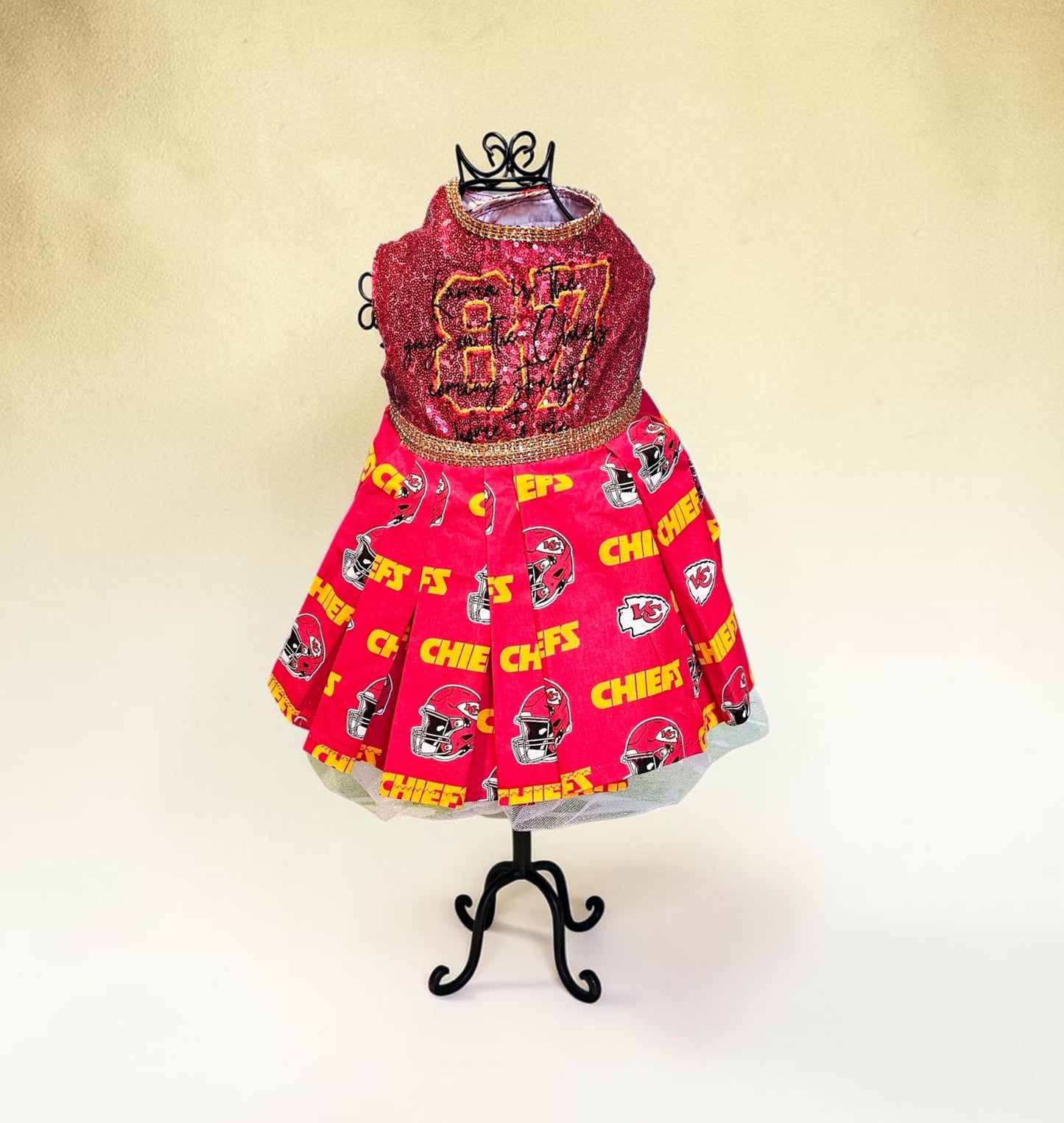 Kansas City Chiefs pet dress, karma is the guy on the chiefs pet dress, chiefs sequin pet dress, chiefs dog dress, 87 kelce pet dress
