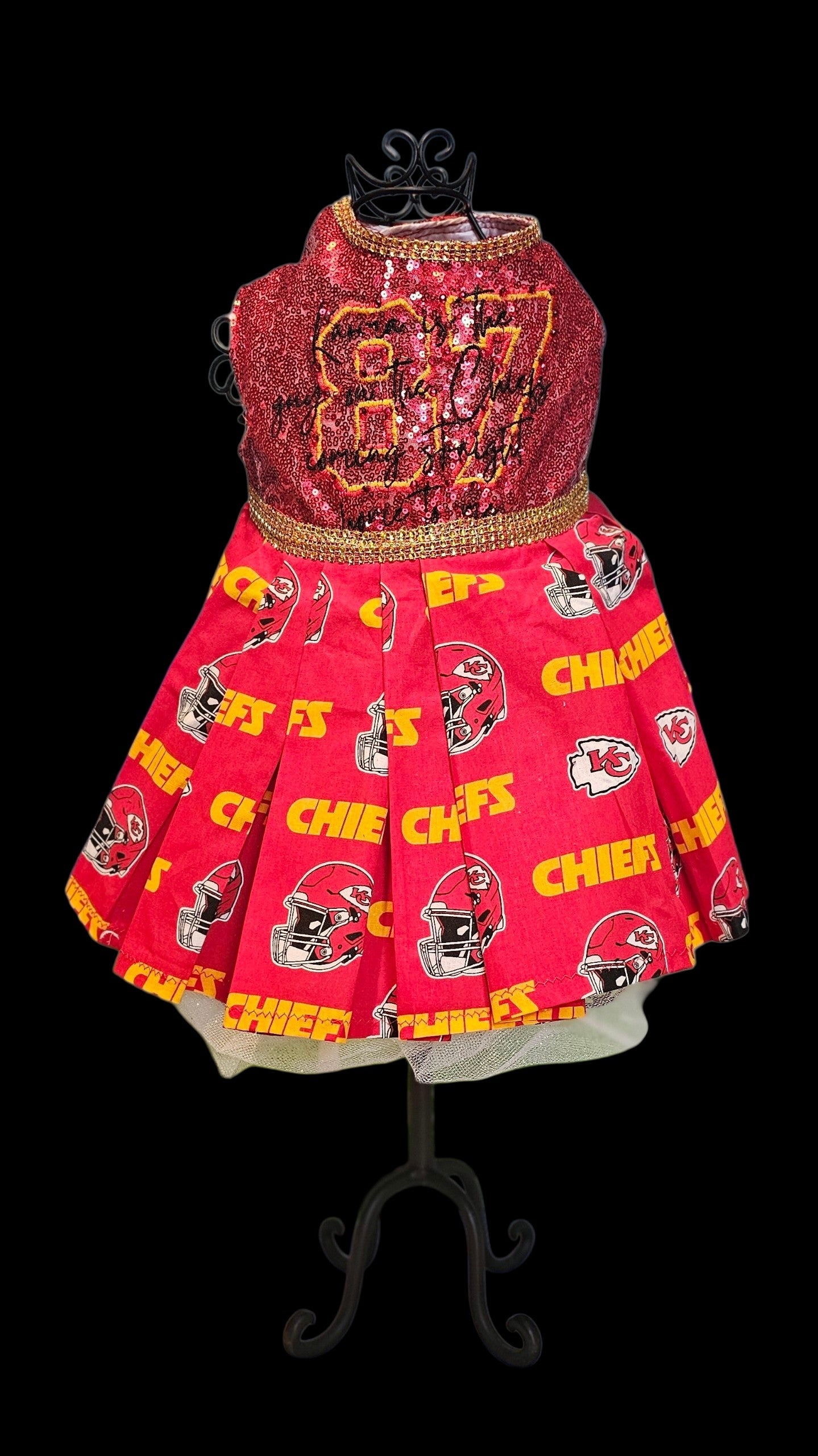 Kansas City Chiefs pet dress, karma is the guy on the chiefs pet dress, chiefs sequin pet dress, chiefs dog dress, 87 kelce pet dress