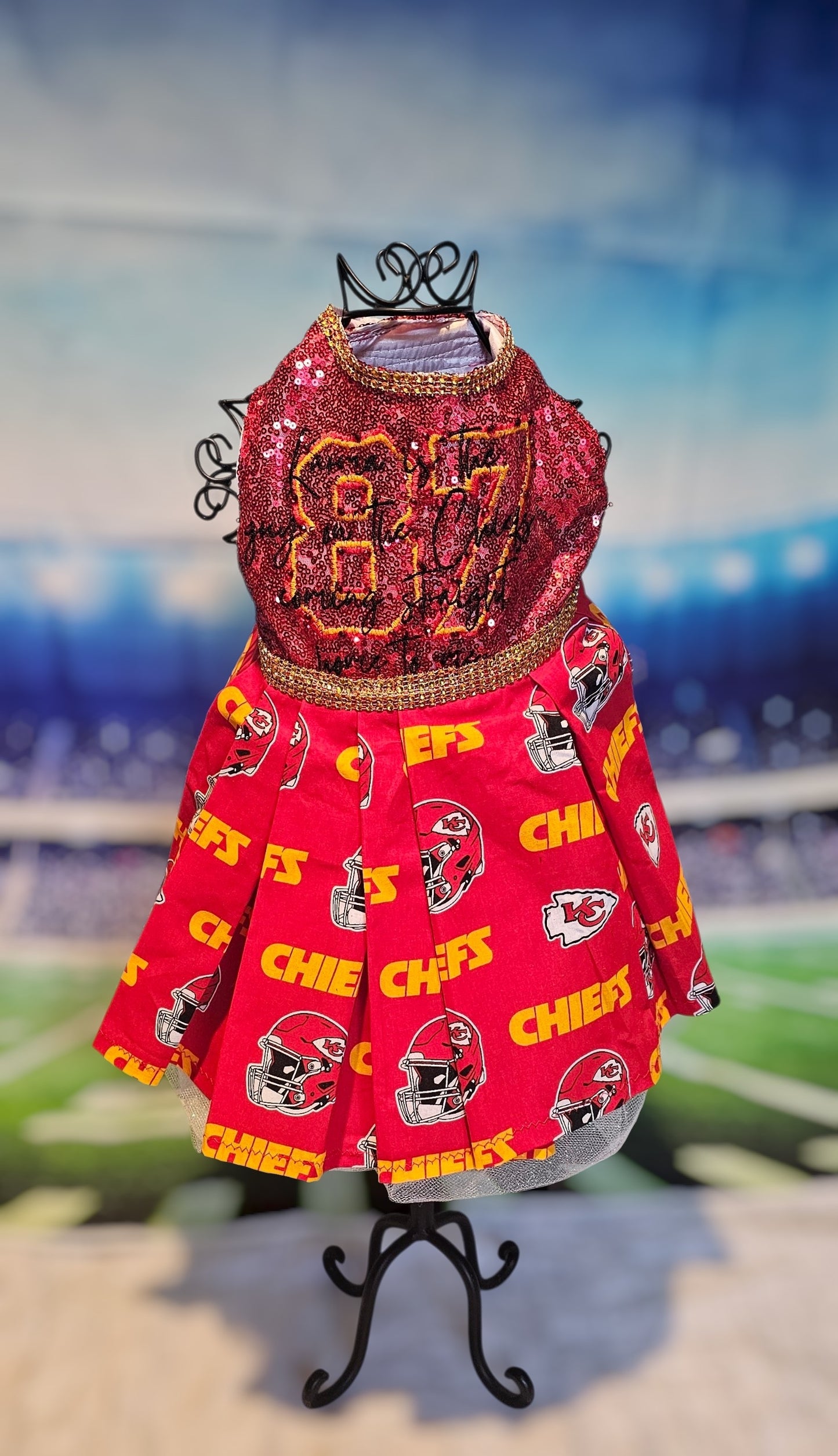 Kansas City Chiefs pet dress, karma is the guy on the chiefs pet dress, chiefs sequin pet dress, chiefs dog dress, 87 kelce pet dress