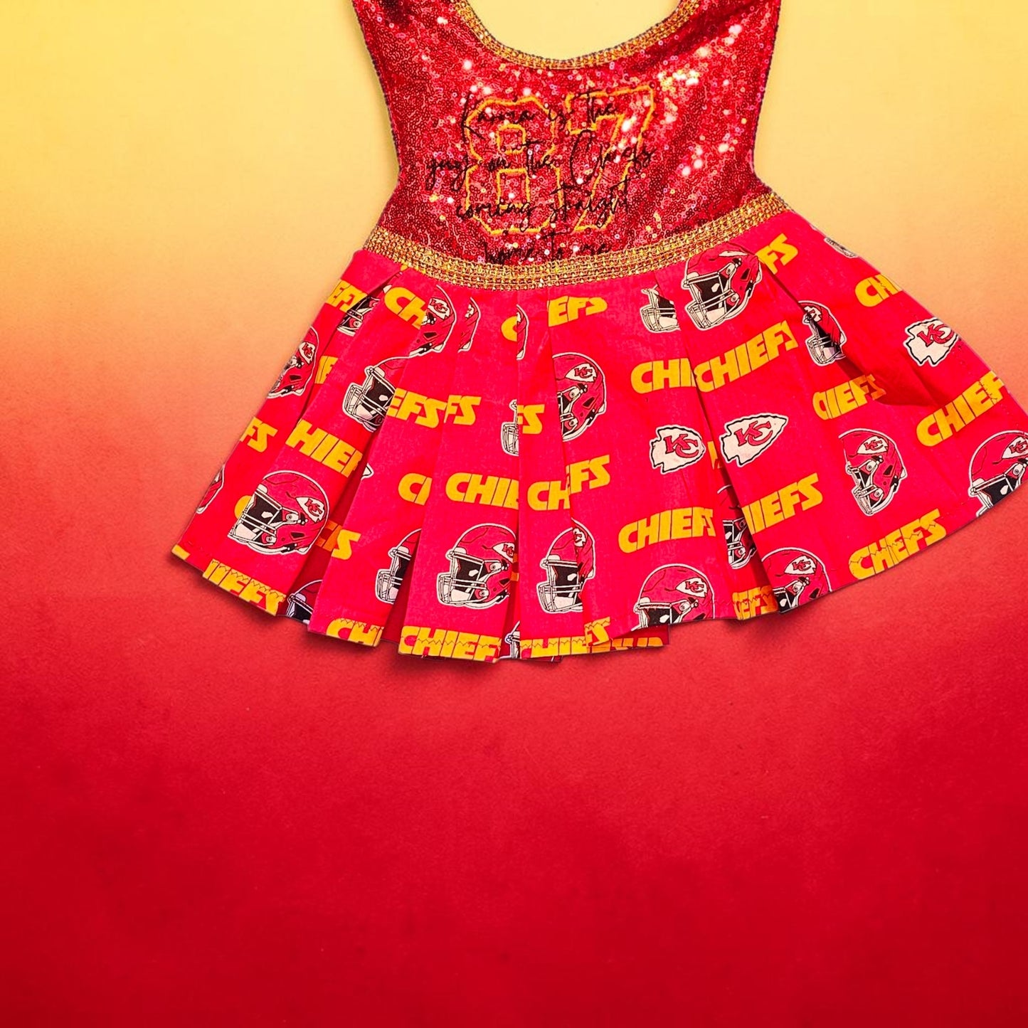 Kansas City Chiefs pet dress, karma is the guy on the chiefs pet dress, chiefs sequin pet dress, chiefs dog dress, 87 kelce pet dress