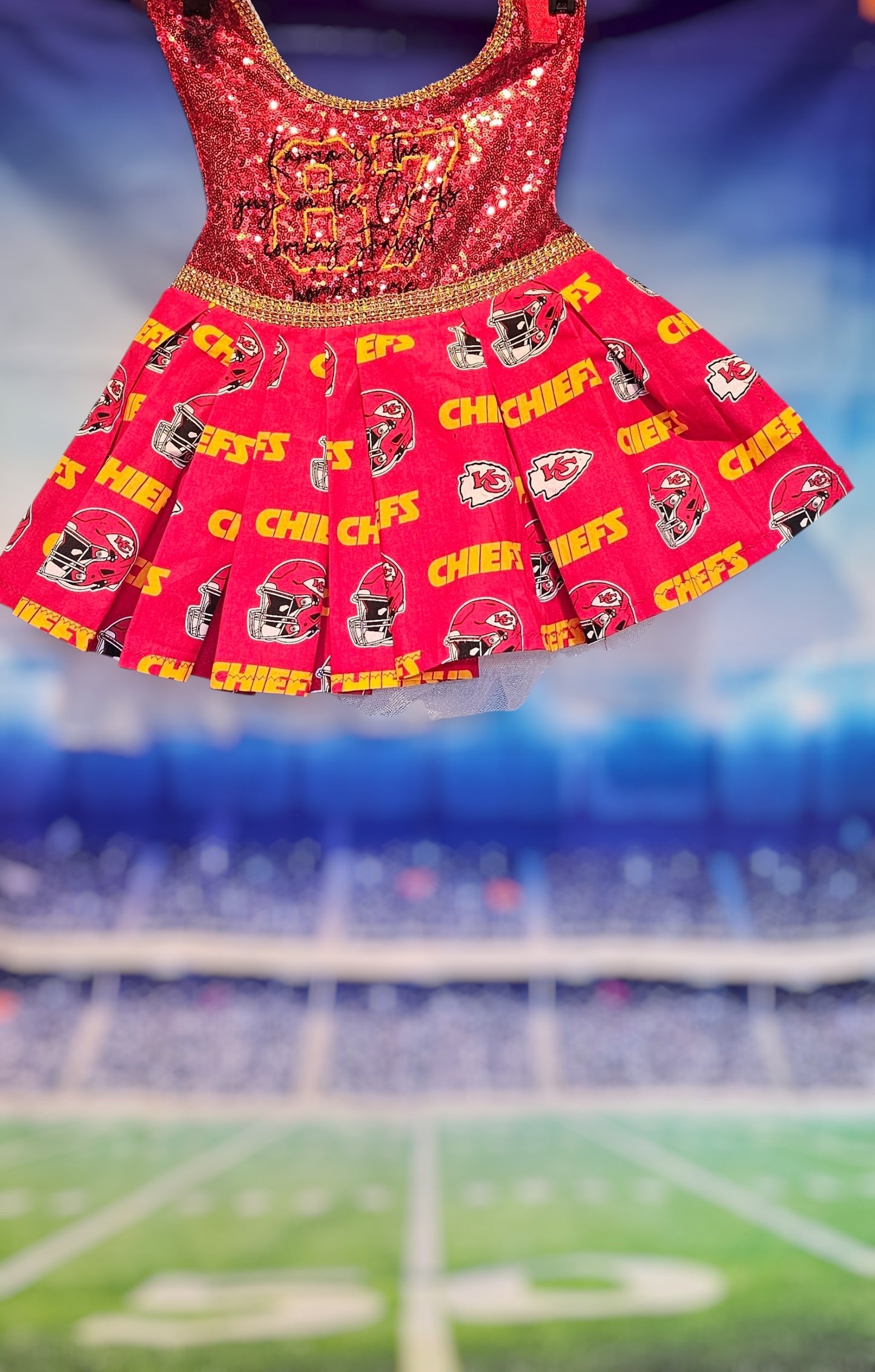 Kansas City Chiefs pet dress, karma is the guy on the chiefs pet dress, chiefs sequin pet dress, chiefs dog dress, 87 kelce pet dress