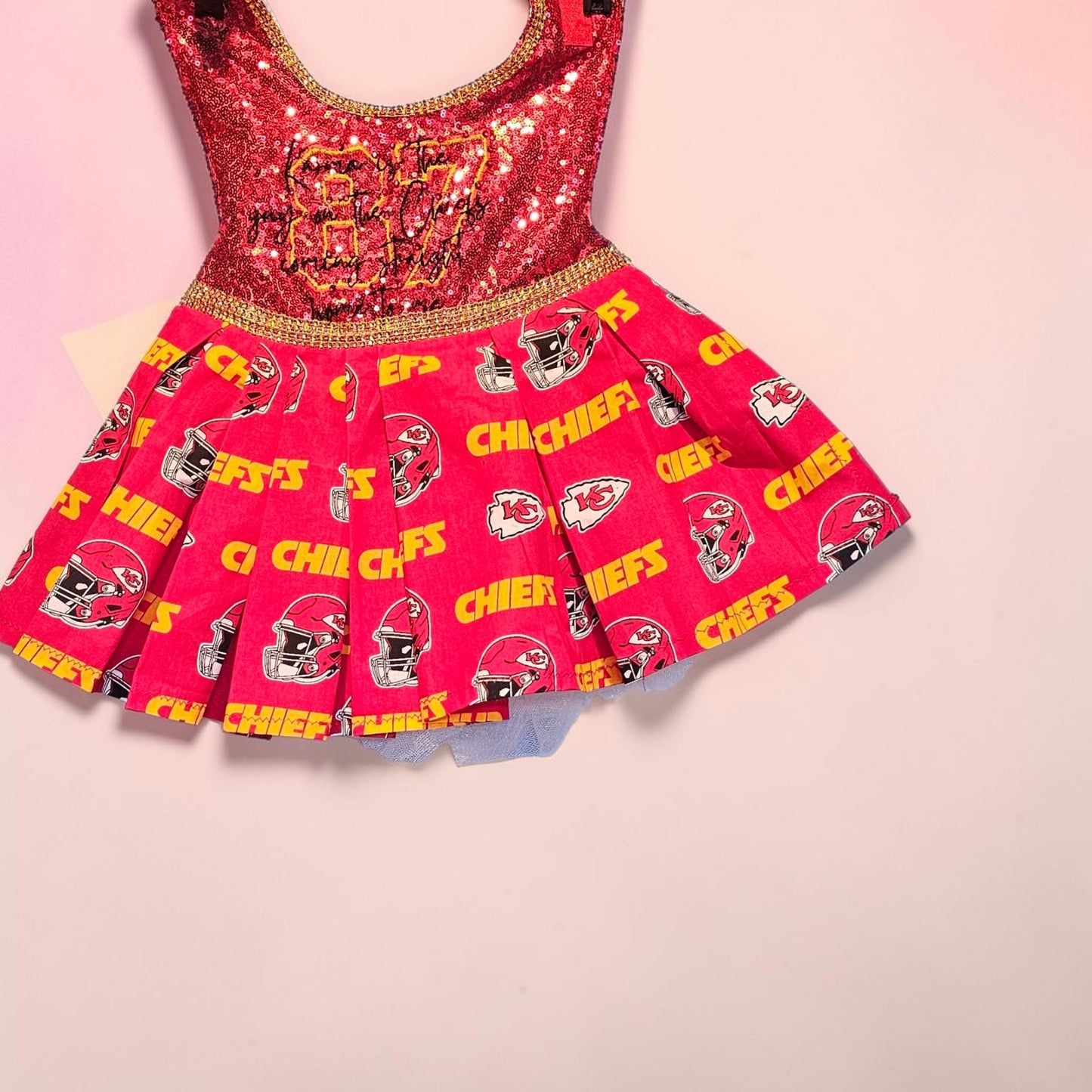 Kansas City Chiefs pet dress, karma is the guy on the chiefs pet dress, chiefs sequin pet dress, chiefs dog dress, 87 kelce pet dress