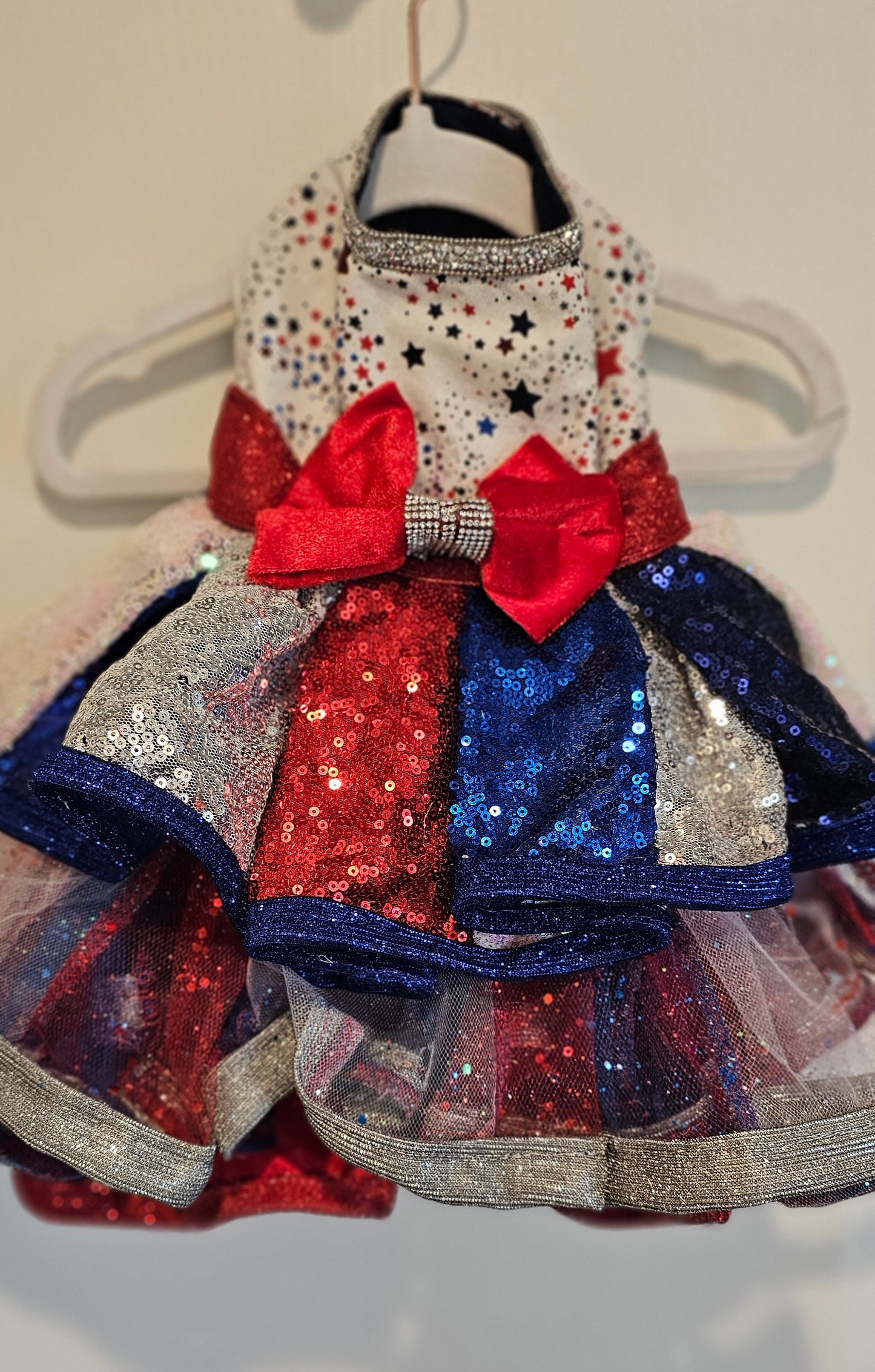 July 4th sequin pet costume, 4th of July pet dress, sequin patriotic pet dress, 4th of july dog dress, 4th of july dog costume, July 4th pet dress