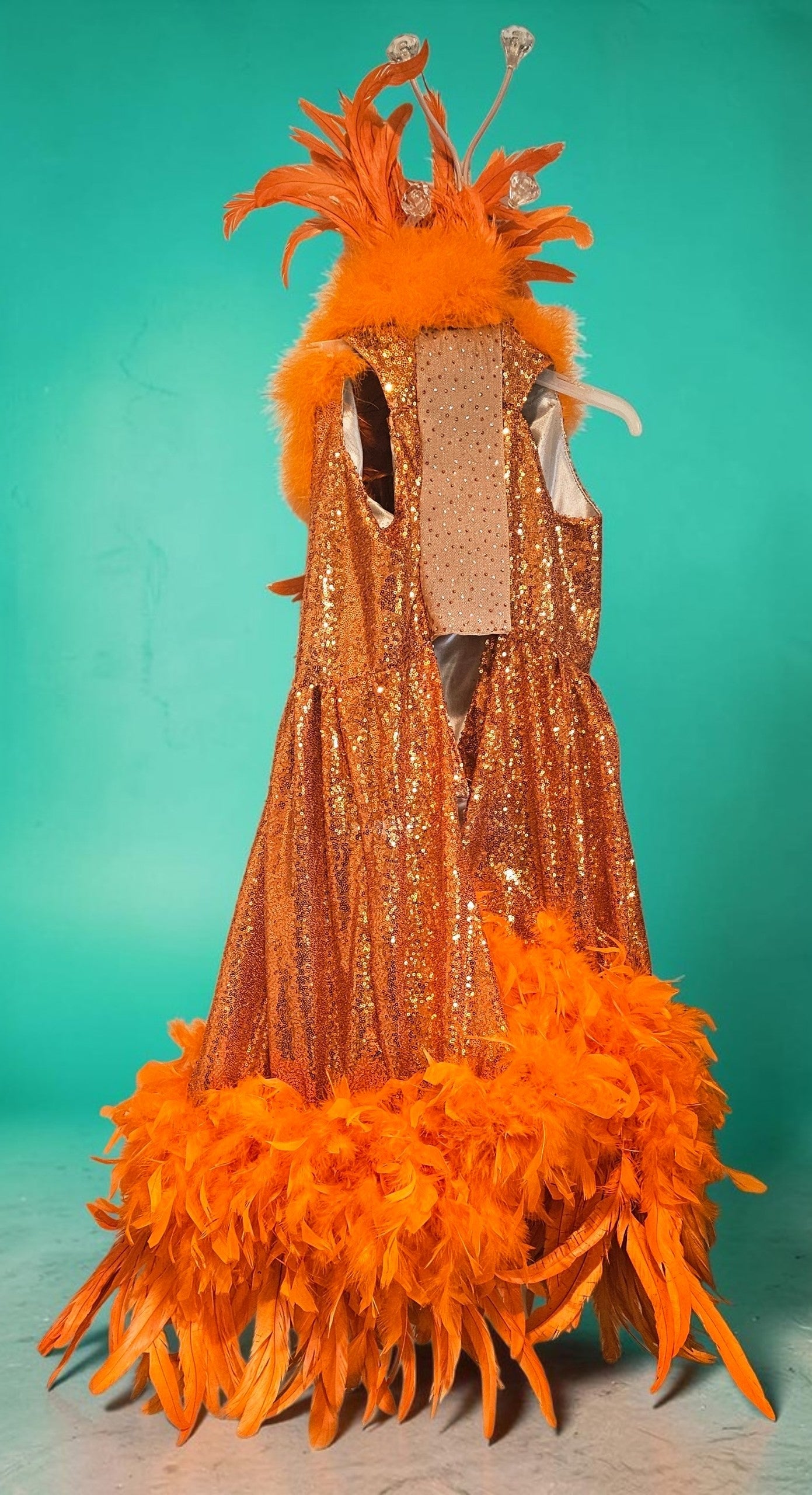 Feather sequin special occasion pet dress, Orange feather pet dress, Kendall Jenner Met gala pet costume