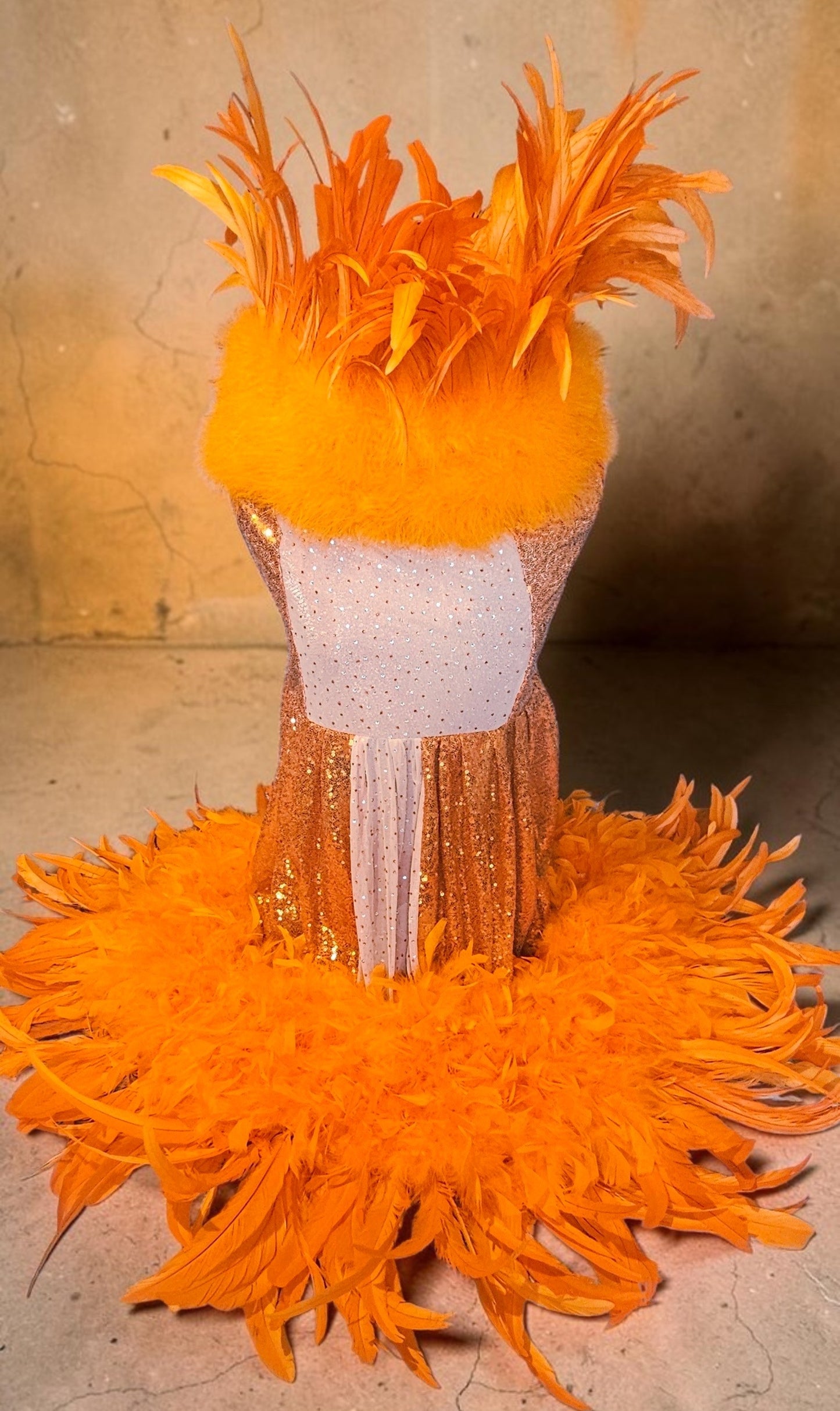 Feather sequin special occasion pet dress, Orange feather pet dress, Kendall Jenner Met gala pet costume