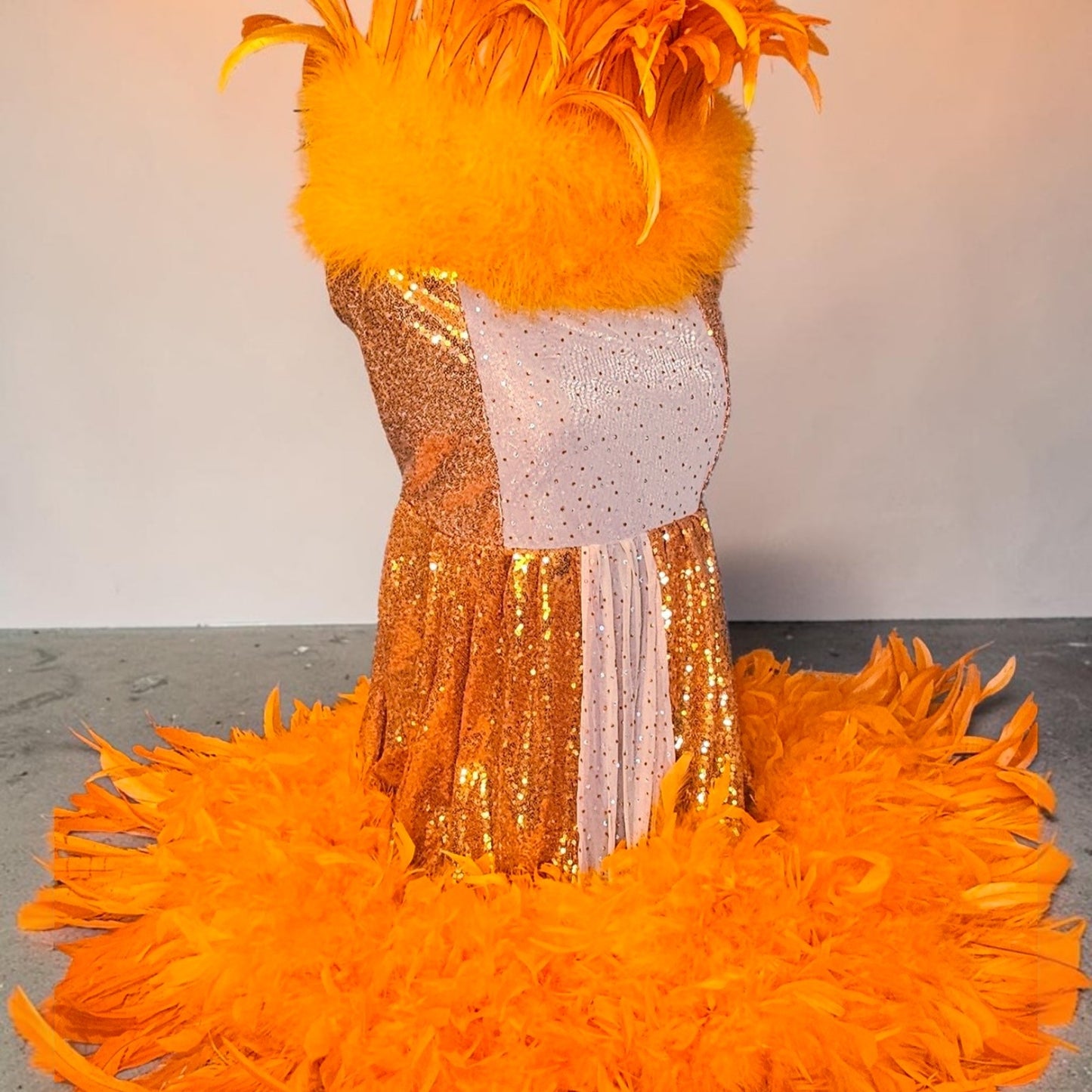 Feather sequin special occasion pet dress, Orange feather pet dress, Kendall Jenner Met gala pet costume