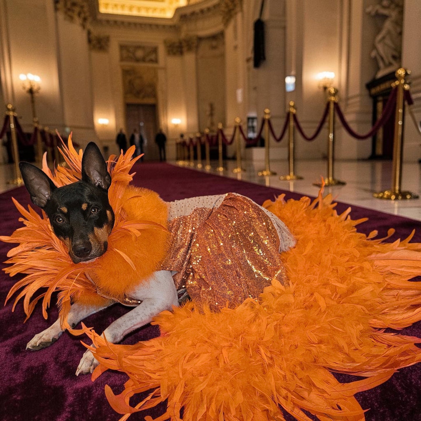 Feather sequin special occasion pet dress, Orange feather pet dress, Kendall Jenner Met gala pet costume