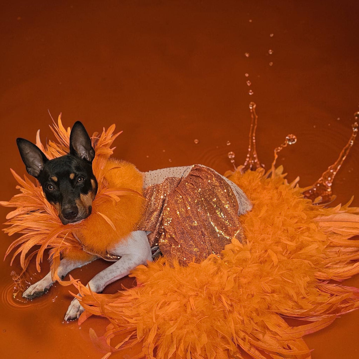 Feather sequin special occasion pet dress, Orange feather pet dress, Kendall Jenner Met gala pet costume