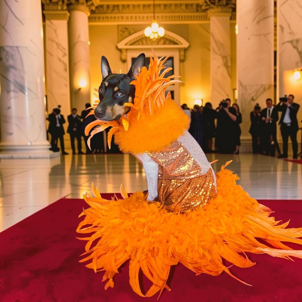 Feather sequin special occasion pet dress, Orange feather pet dress, Kendall Jenner Met gala pet costume