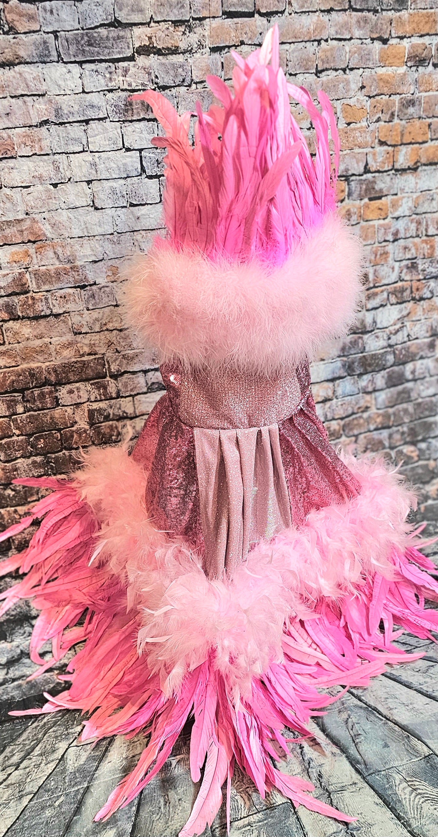Couture feather sequin pet dress, Gala Pet Costume, Pink feather pet dress