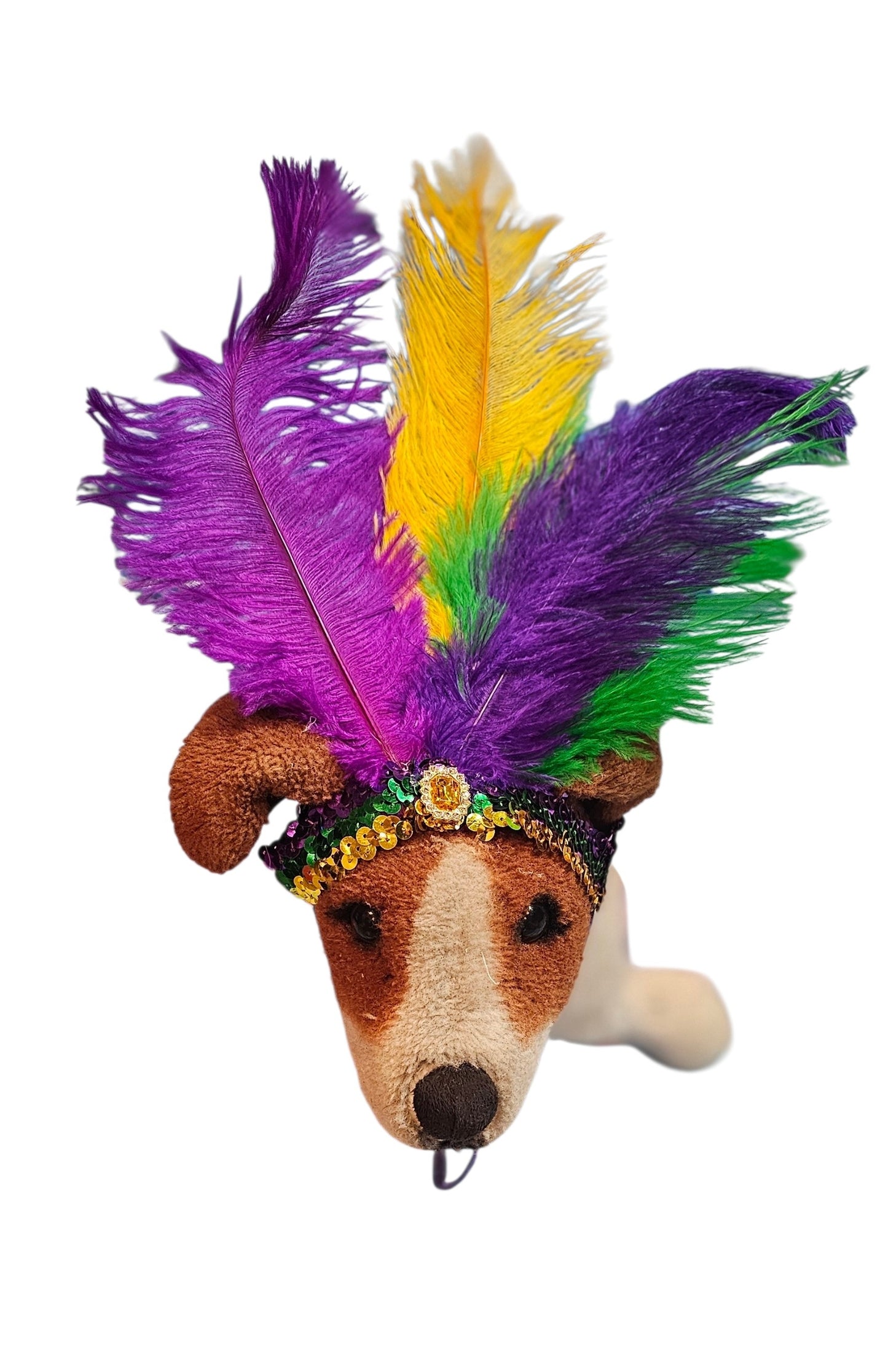 Mardi gras flapper pet headpiece, sequin feather dog headpiece