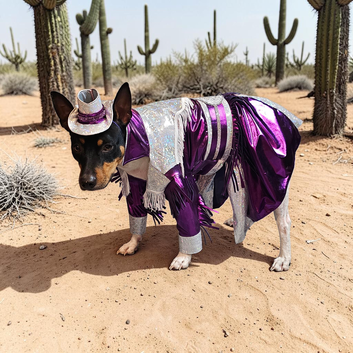 Dolly Patron pet costume, Metallic fringe country western pet dress costume, Rhinestone cowgirl fringe pet dress costume