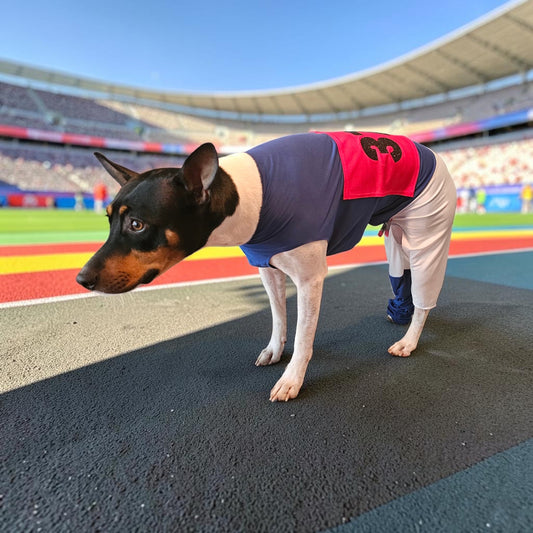 80s pet track suit, one-leg pet track suit, Florence Joyner pet suit, Flo Jo dog track suit