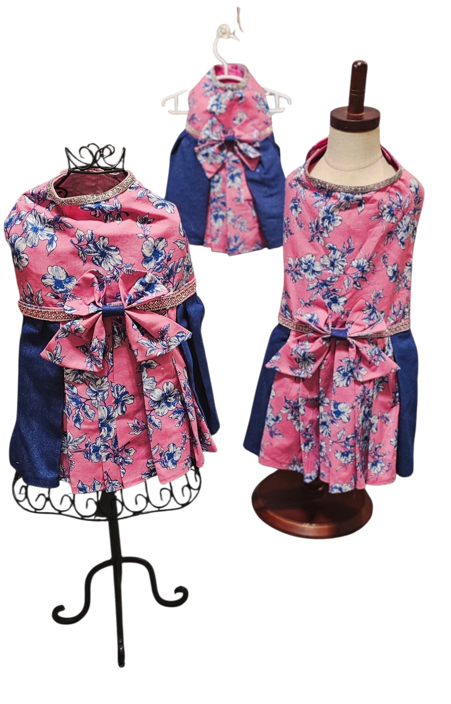 Flower blue jean pet dress, Pink flower pet dress
