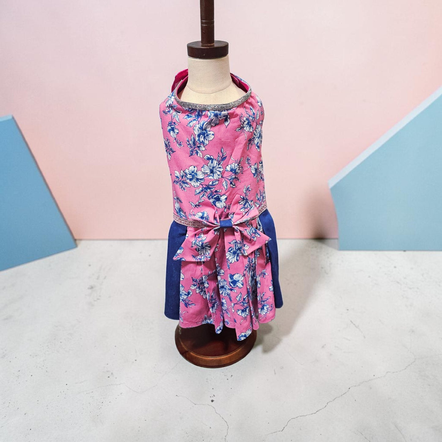 Flower blue jean pet dress, Pink flower pet dress