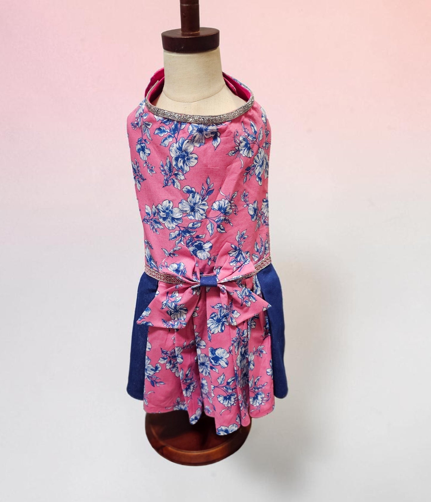 Flower blue jean pet dress, Pink flower pet dress