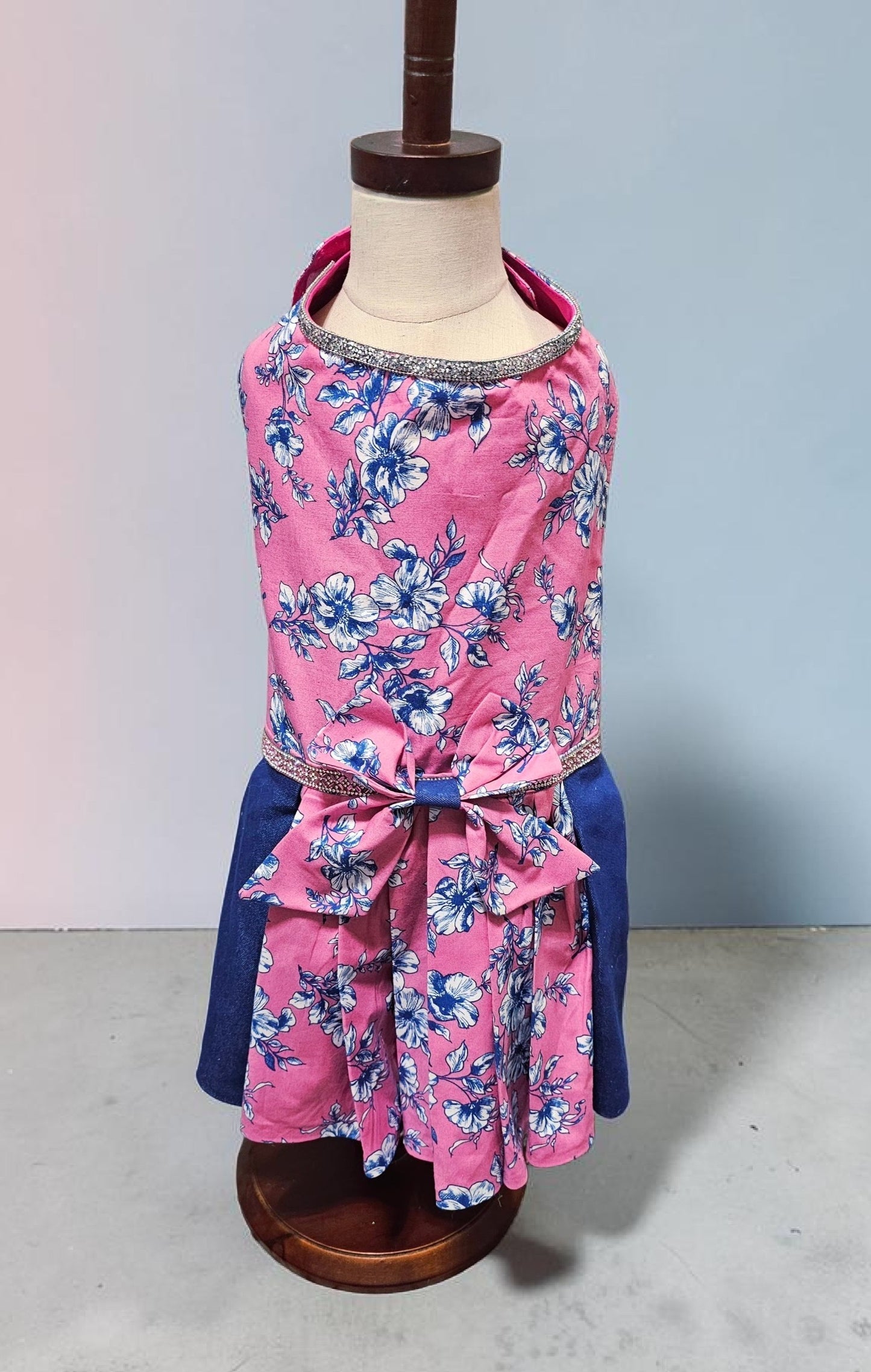 Flower blue jean pet dress, Pink flower pet dress