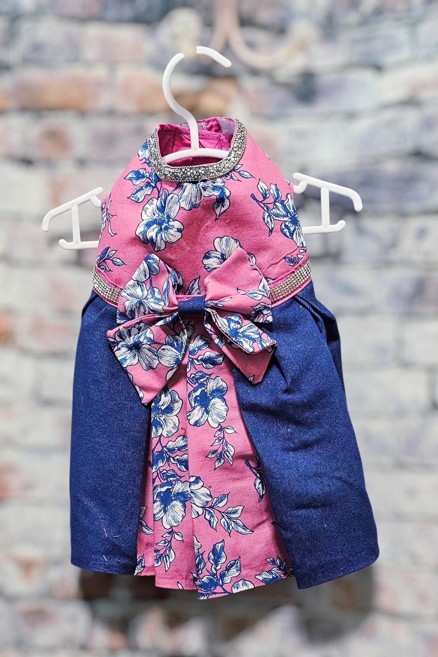 Flower blue jean pet dress, Pink flower pet dress