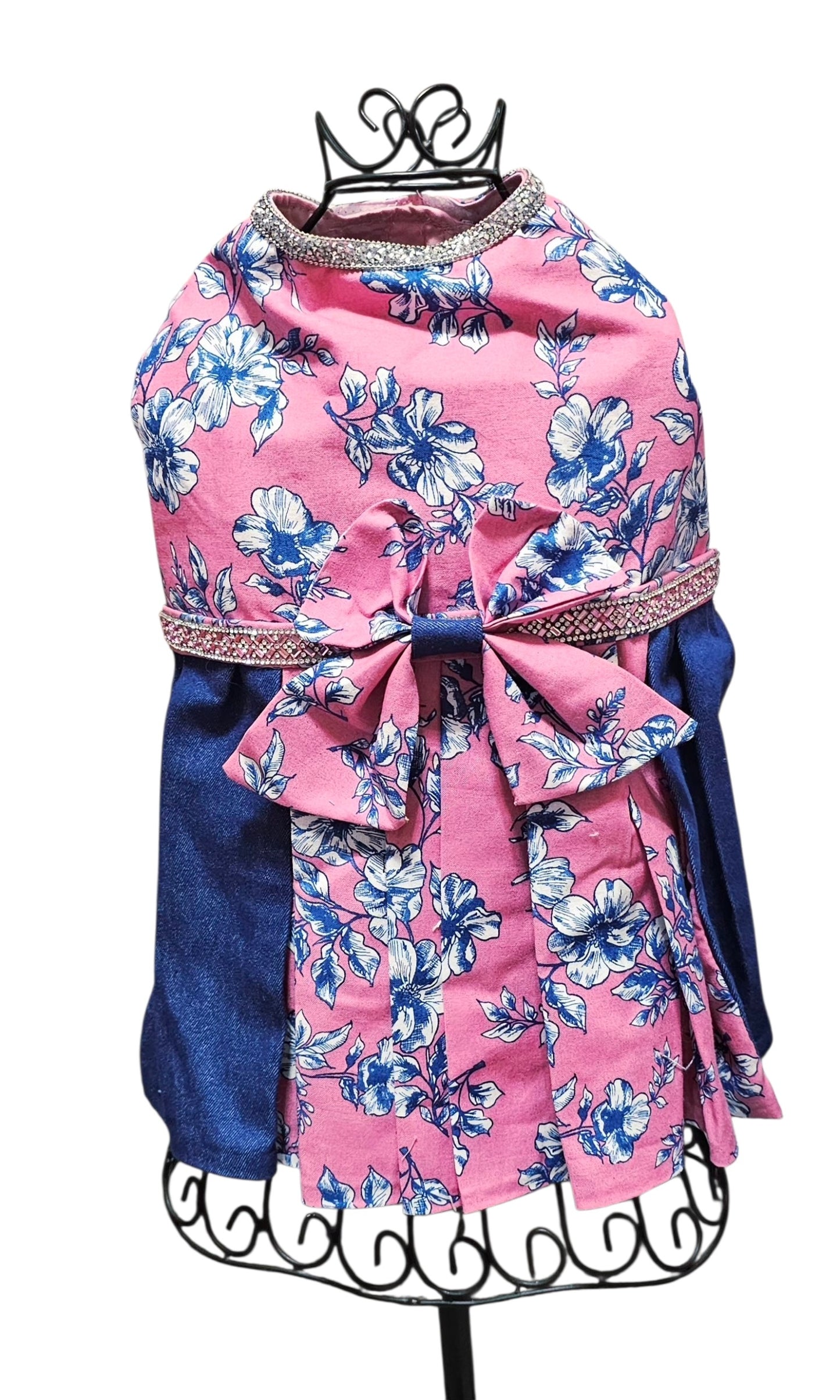 Flower blue jean pet dress, Pink flower pet dress