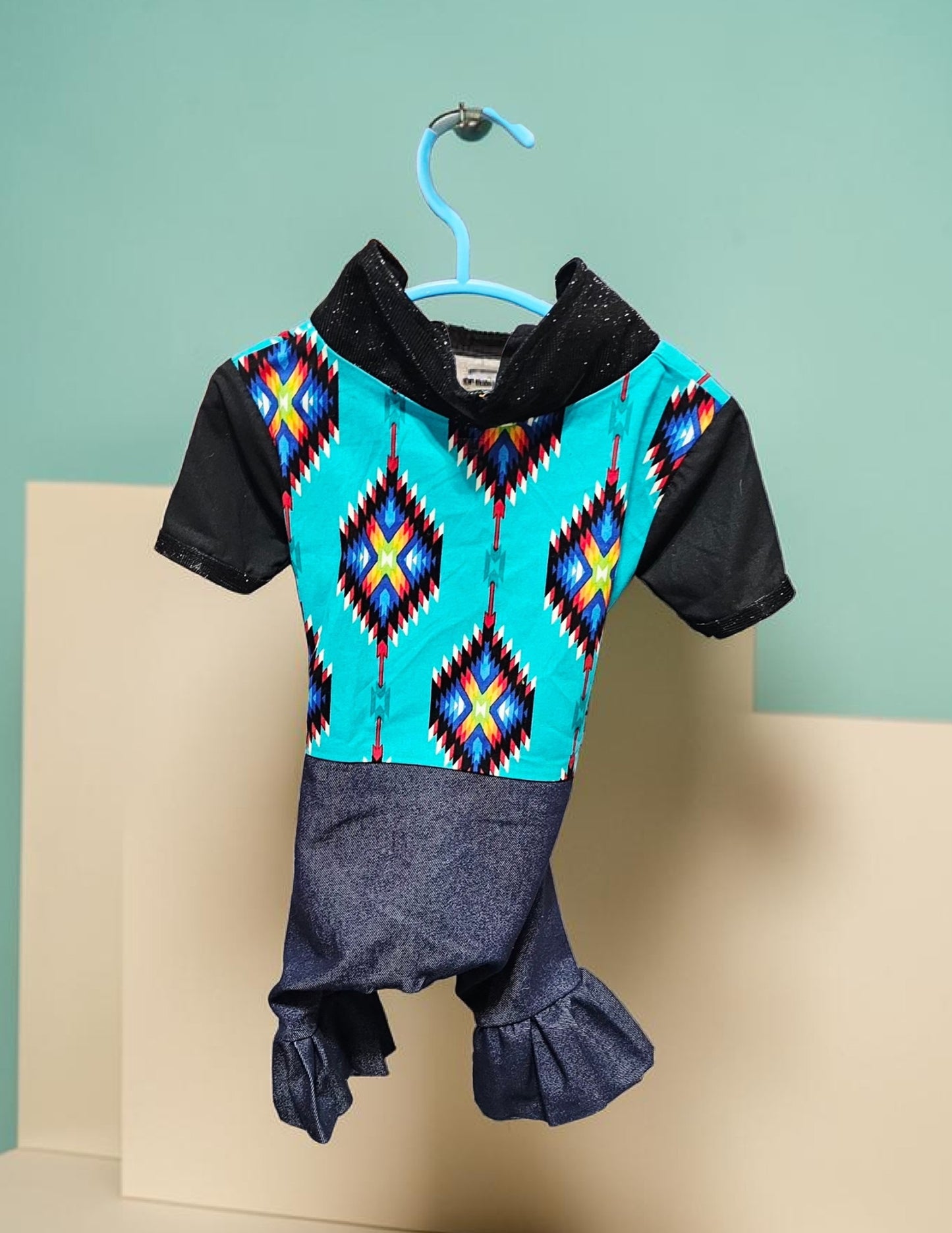 Aztec print with blue jean pet body suit, western aztecbody suit with bell bottoms