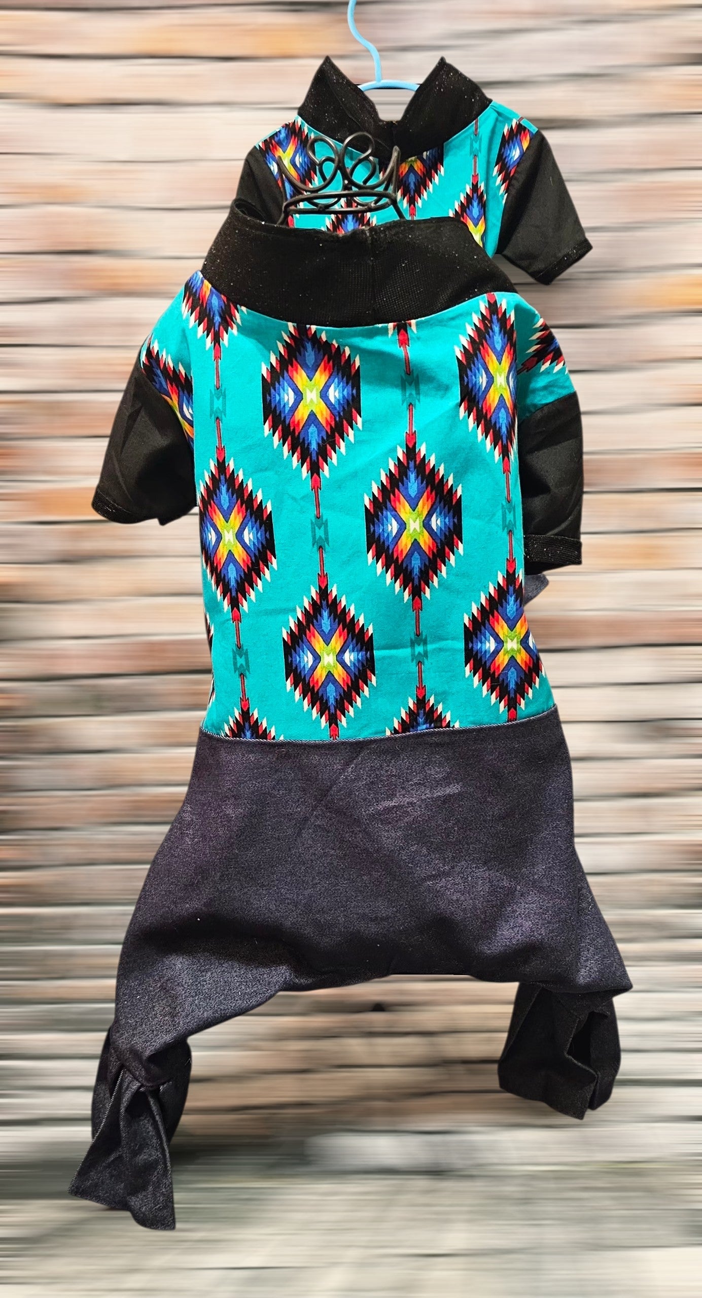 Aztec print with blue jean pet body suit, western aztecbody suit with bell bottoms