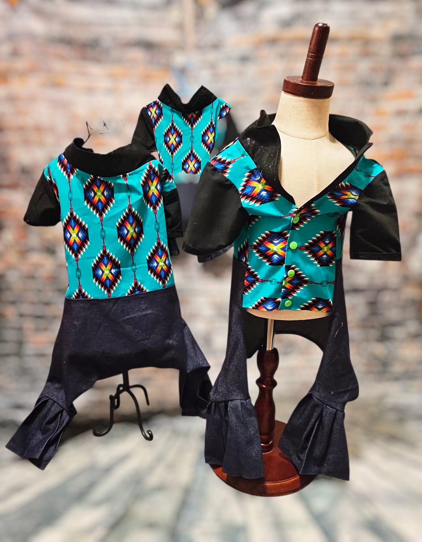Aztec print with blue jean pet body suit, western aztecbody suit with bell bottoms