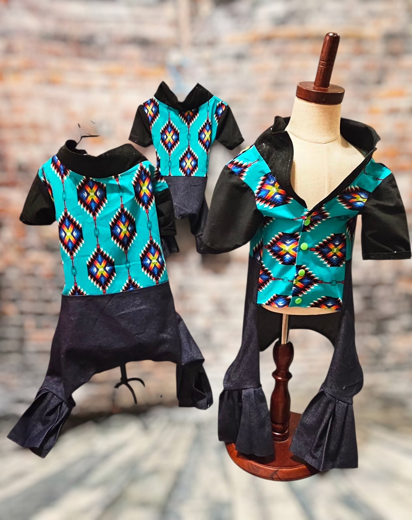 Aztec print with blue jean pet body suit, western aztecbody suit with bell bottoms