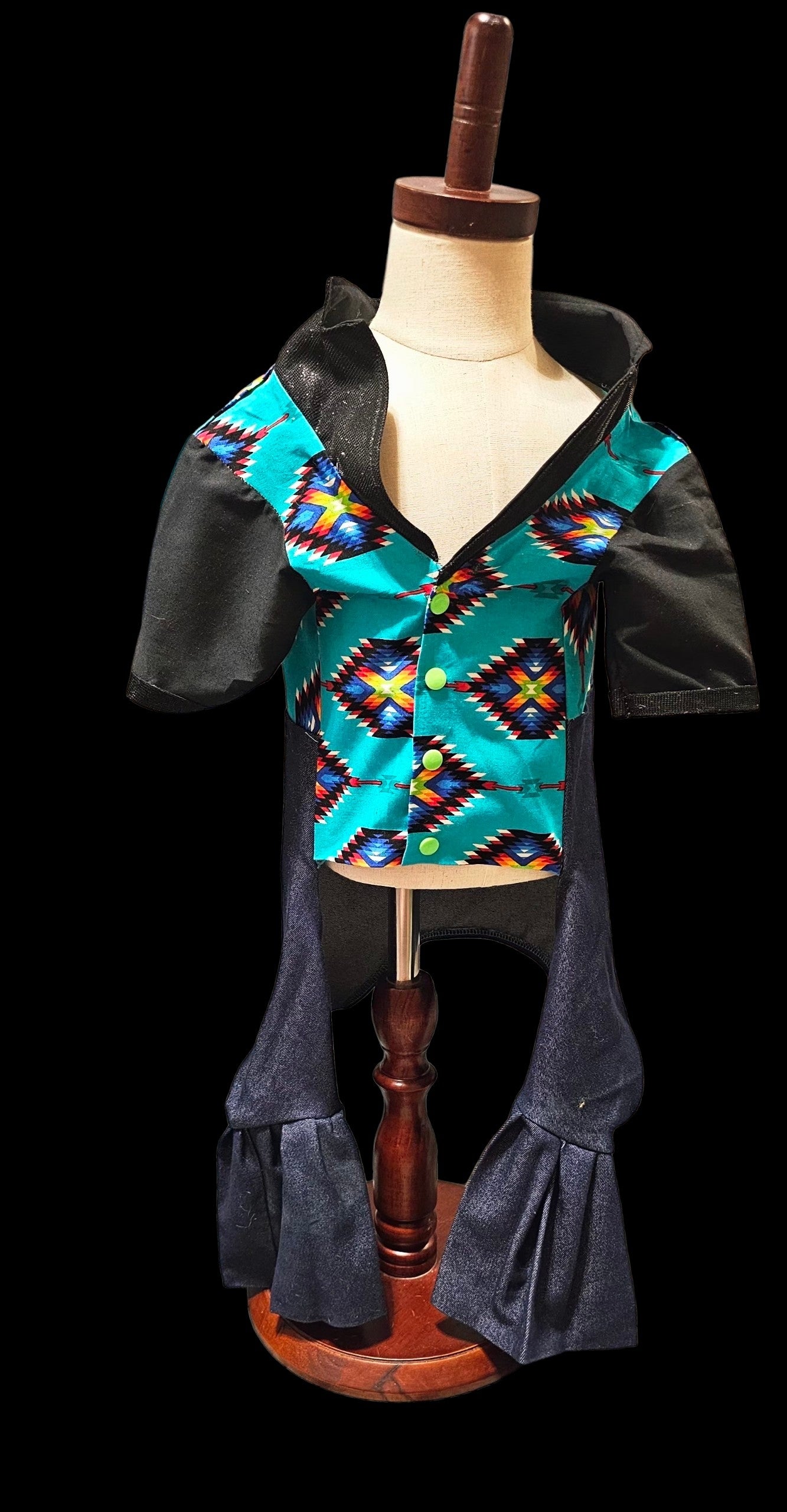 Aztec print with blue jean pet body suit, western aztecbody suit with bell bottoms