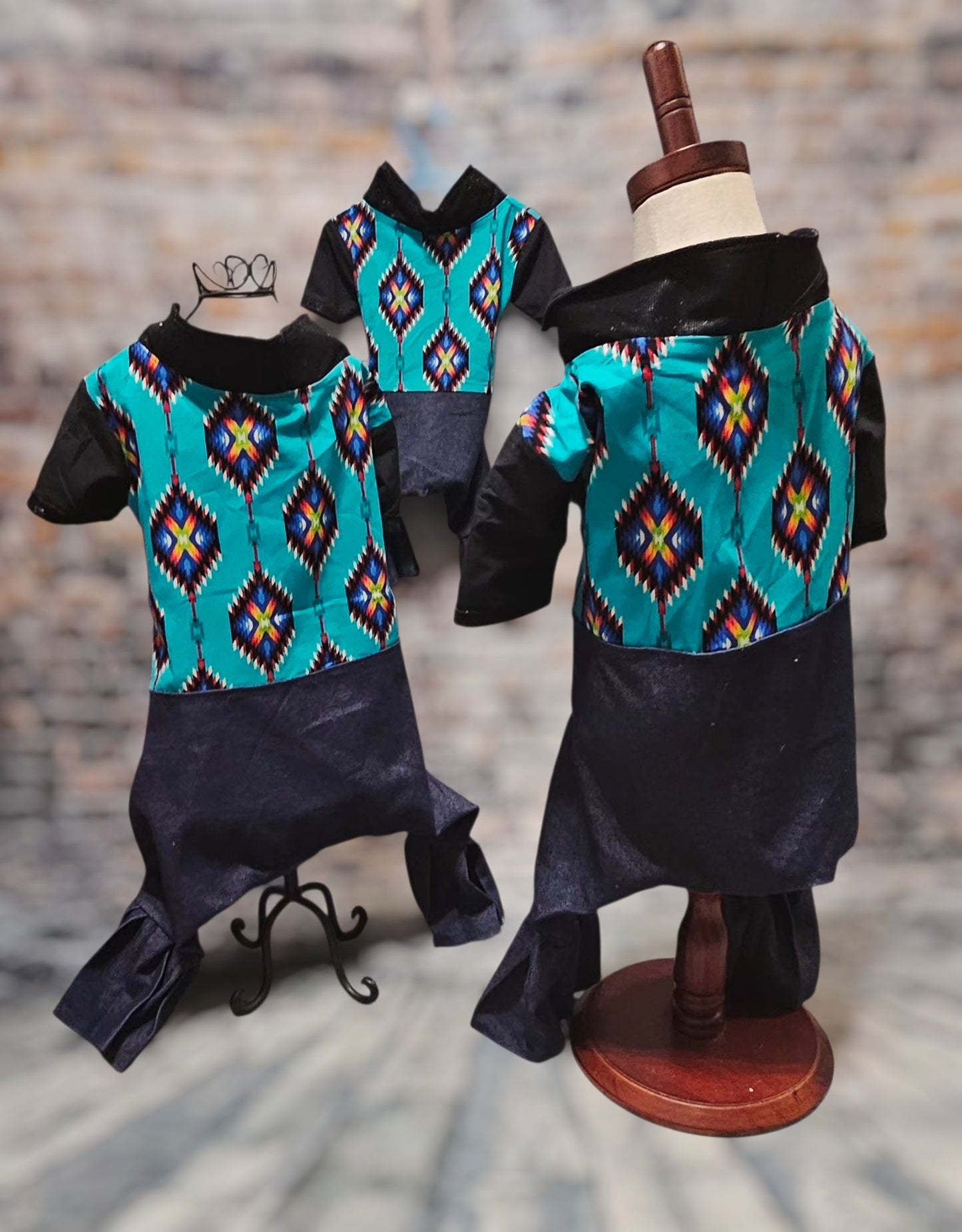 Aztec print with blue jean pet body suit, western aztecbody suit with bell bottoms