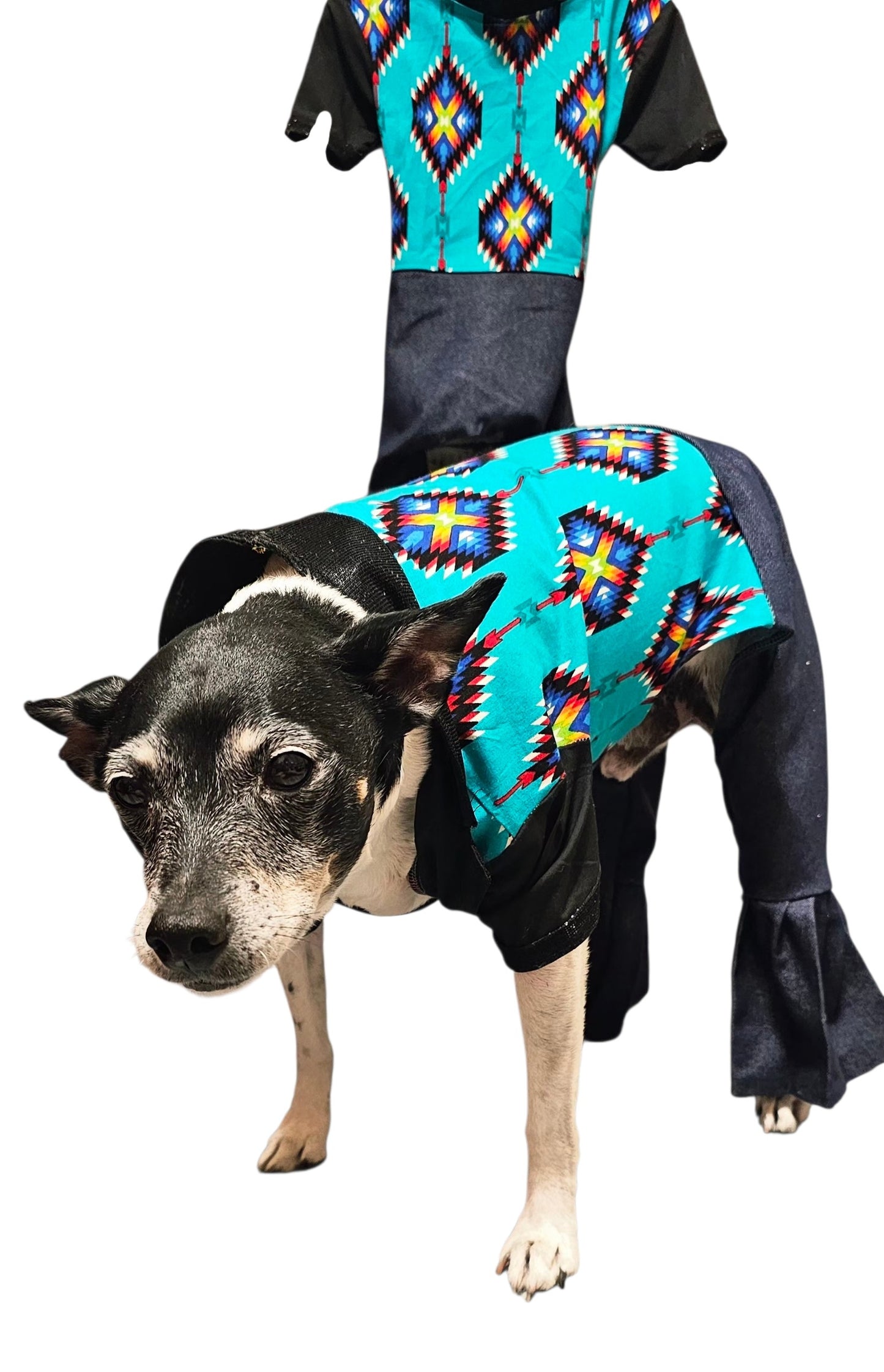 Aztec print with blue jean pet body suit, western aztecbody suit with bell bottoms