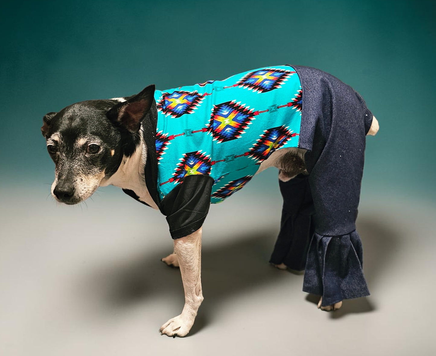 Aztec print with blue jean pet body suit, western aztecbody suit with bell bottoms