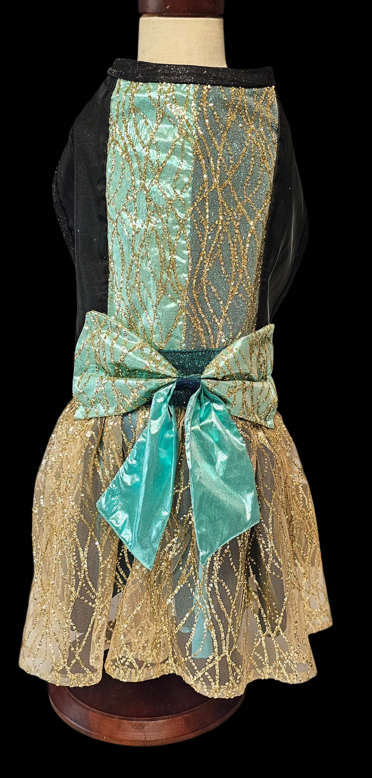 Glitter tulle special occasion pet dress, black, gold, teal pet dress