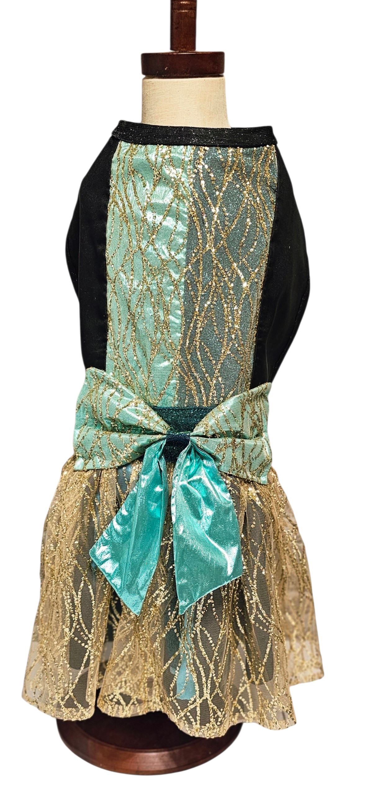 Glitter tulle special occasion pet dress, black, gold, teal pet dress