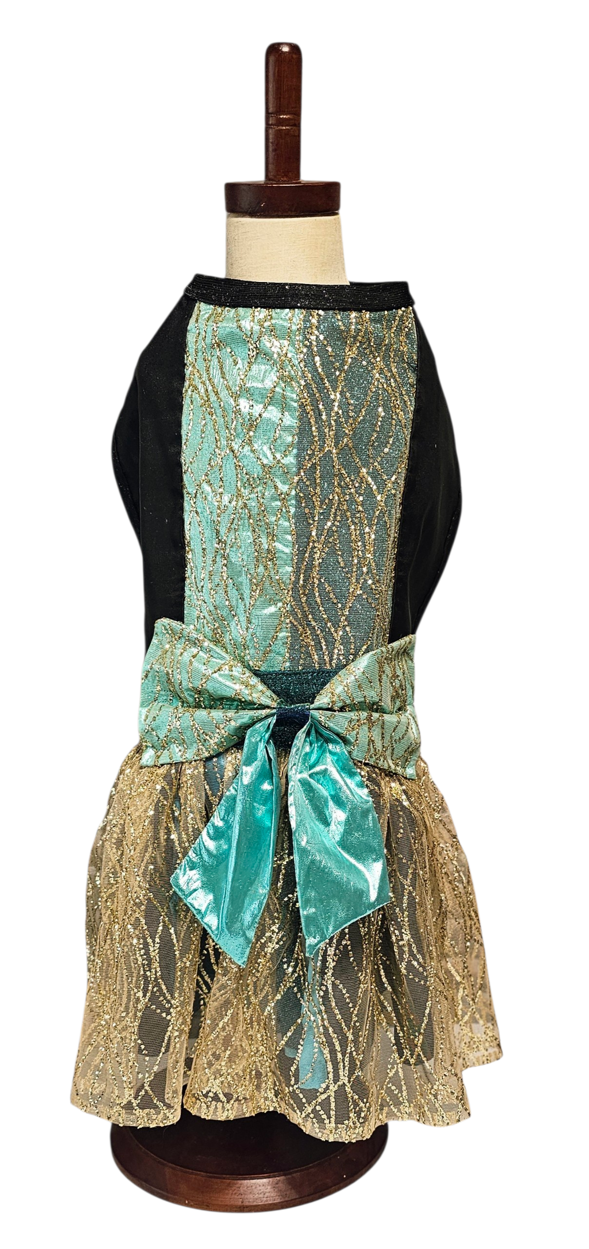 Glitter tulle special occasion pet dress, black, gold, teal pet dress