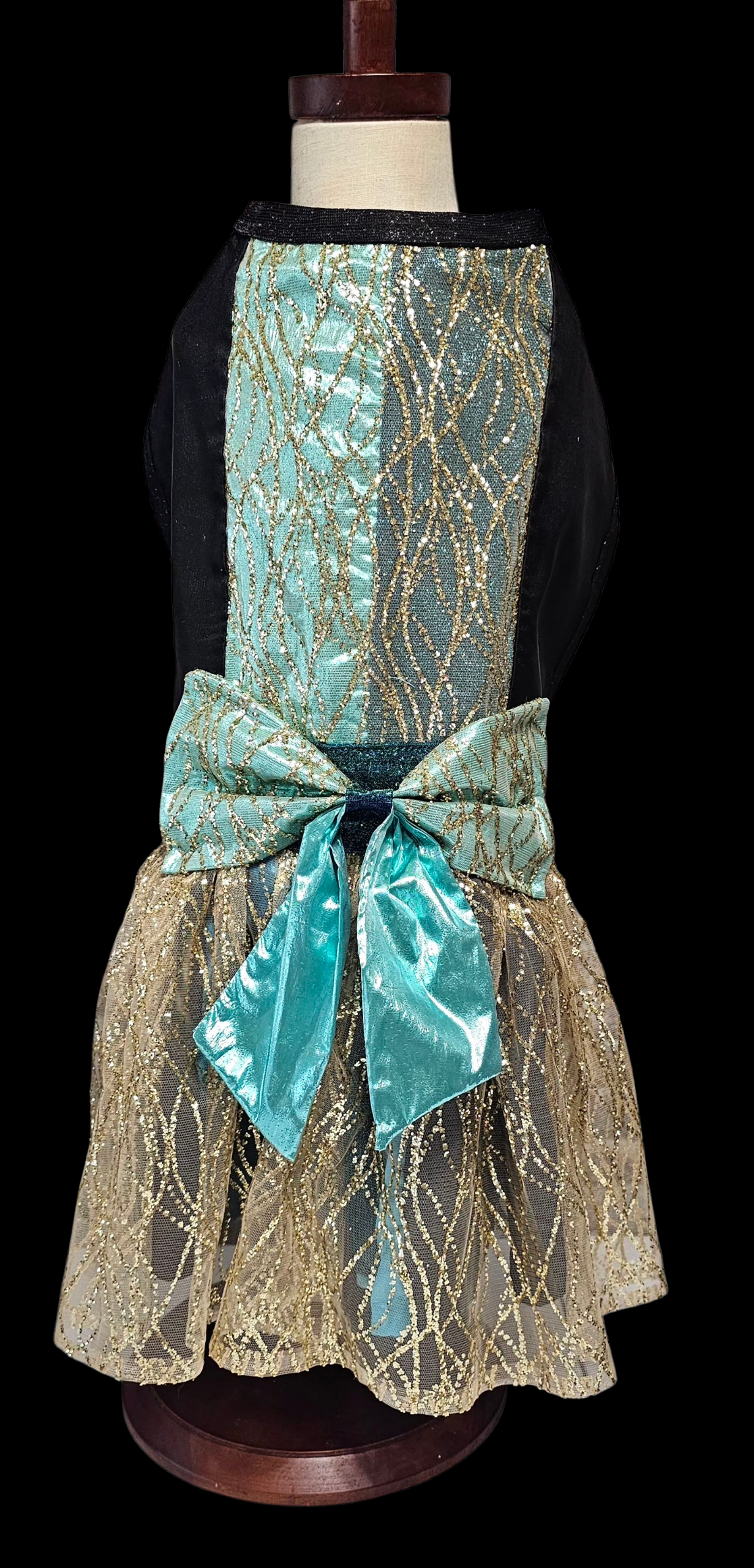 Glitter tulle special occasion pet dress, black, gold, teal pet dress