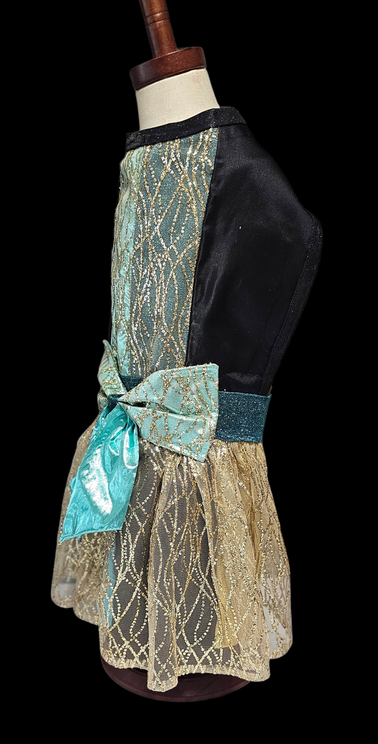 Glitter tulle special occasion pet dress, black, gold, teal pet dress