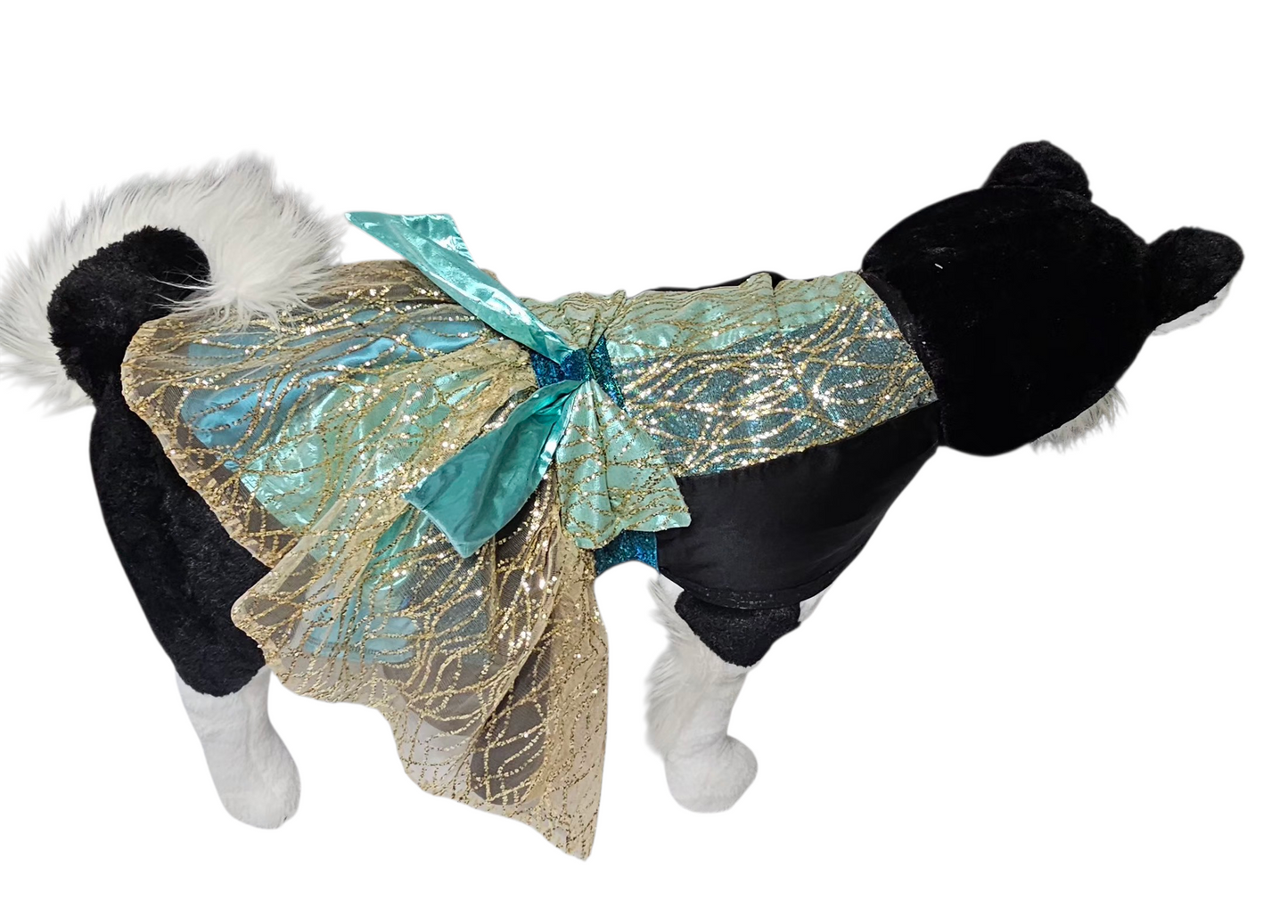 Glitter tulle special occasion pet dress, black, gold, teal pet dress