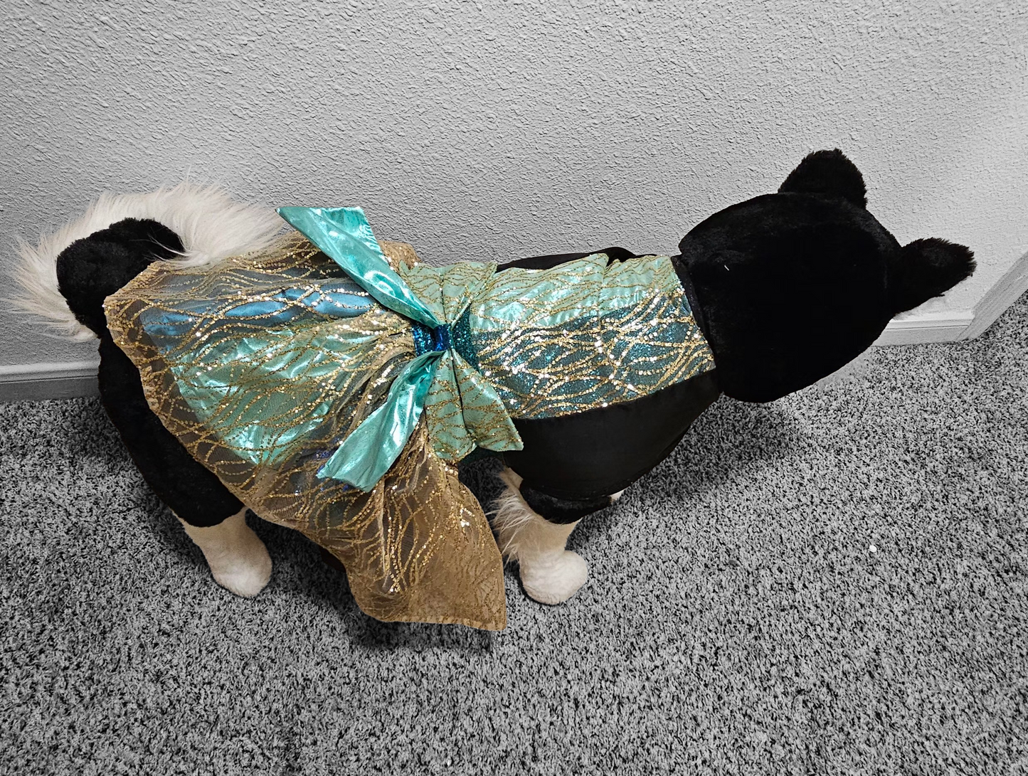 Glitter tulle special occasion pet dress, black, gold, teal pet dress