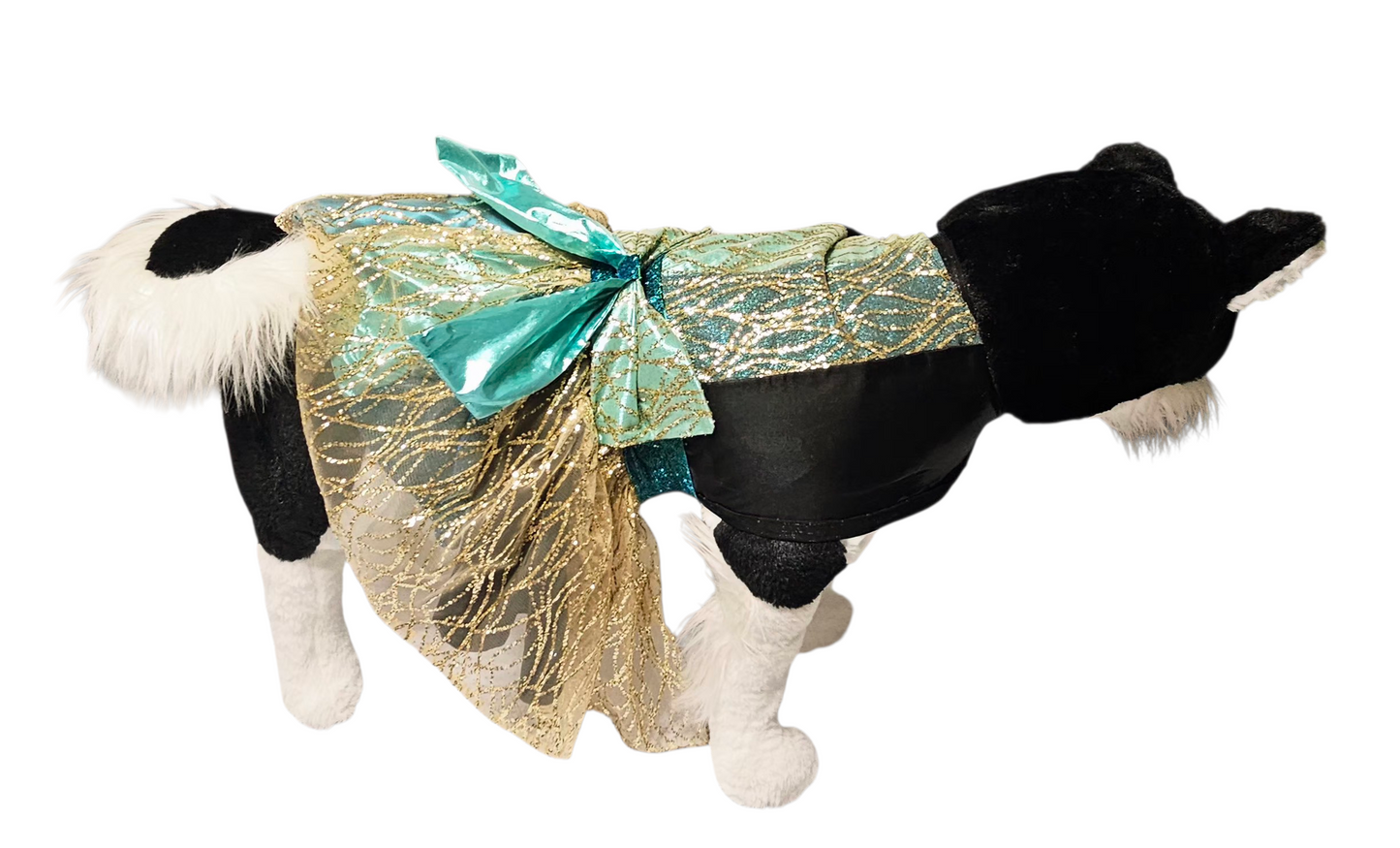 Glitter tulle special occasion pet dress, black, gold, teal pet dress
