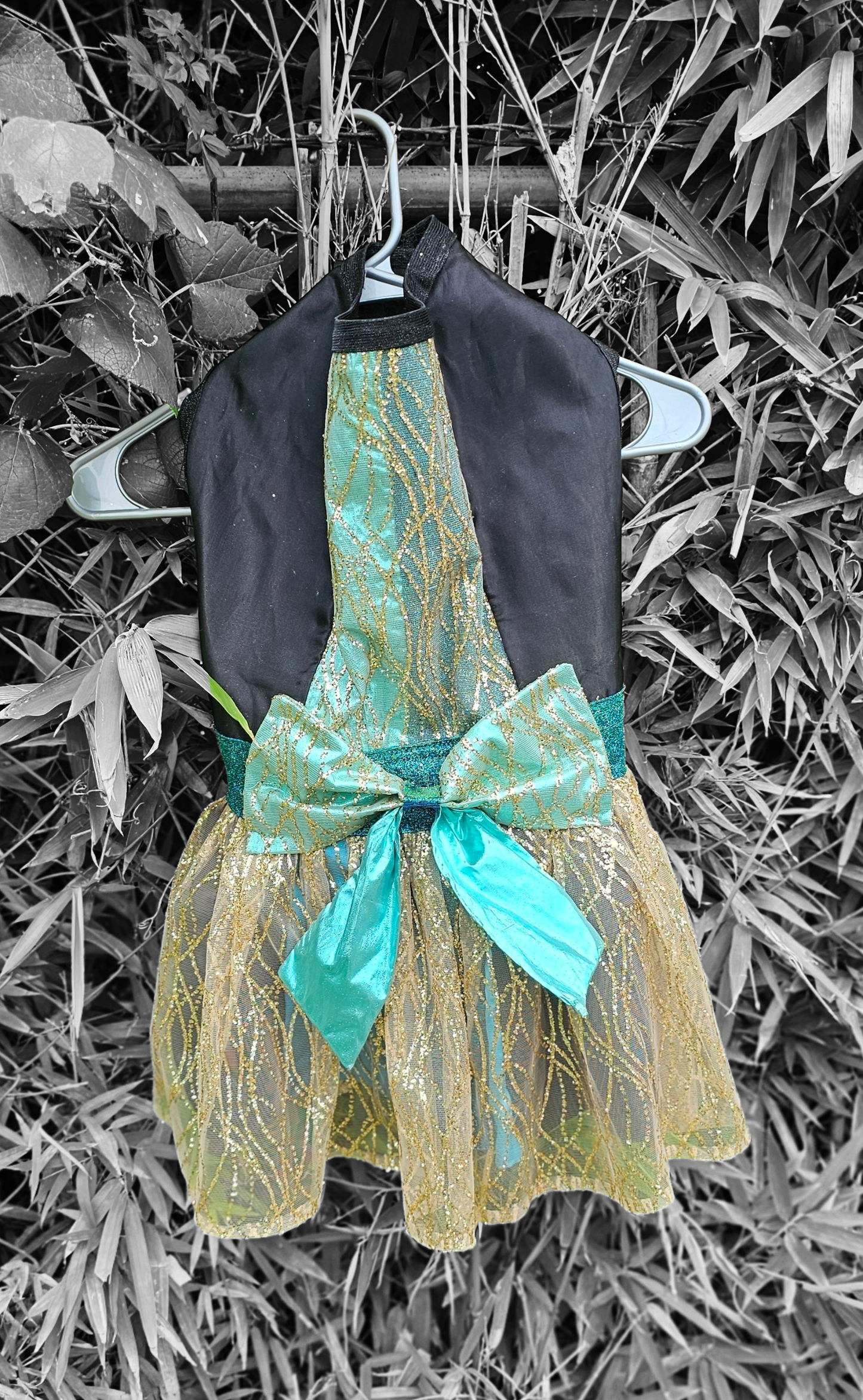 Glitter tulle special occasion pet dress, black, gold, teal pet dress