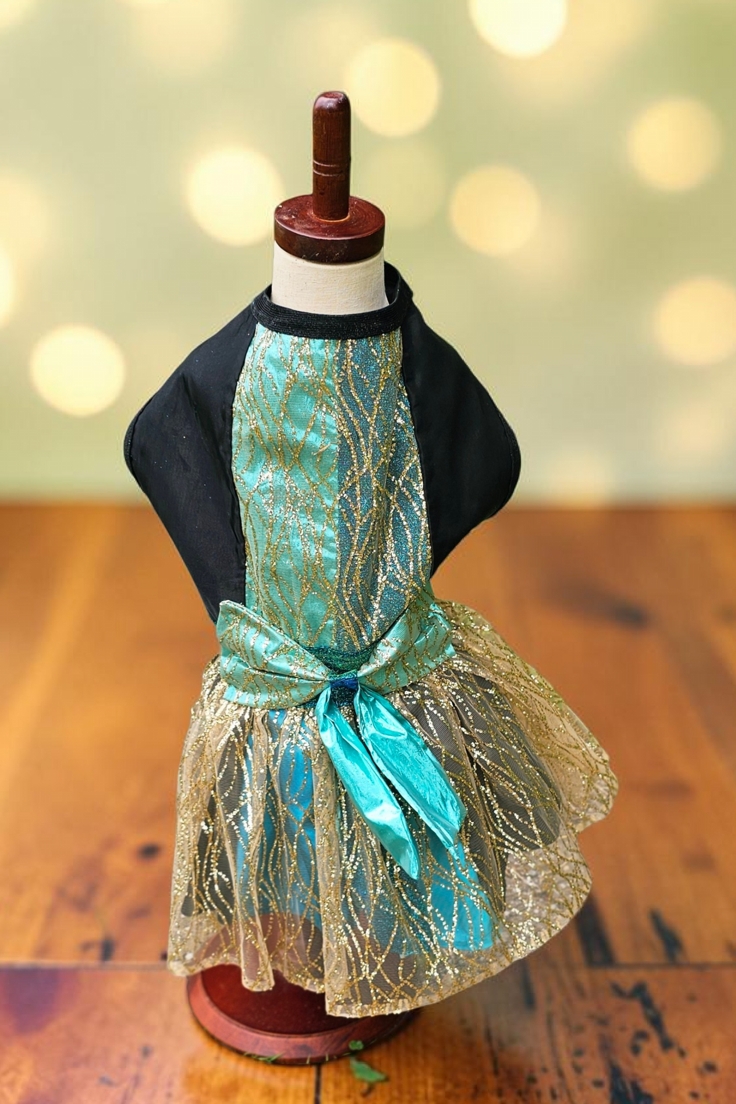 Glitter tulle special occasion pet dress, black, gold, teal pet dress