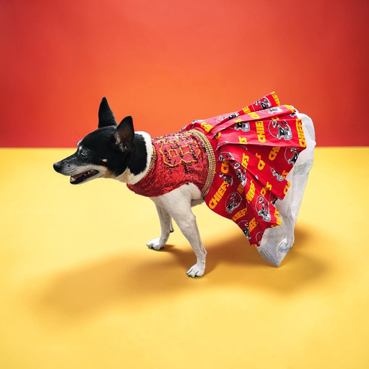 Kansas City Chiefs pet dress, karma is the guy on the chiefs pet dress, chiefs sequin pet dress, chiefs dog dress, 87 kelce pet dress