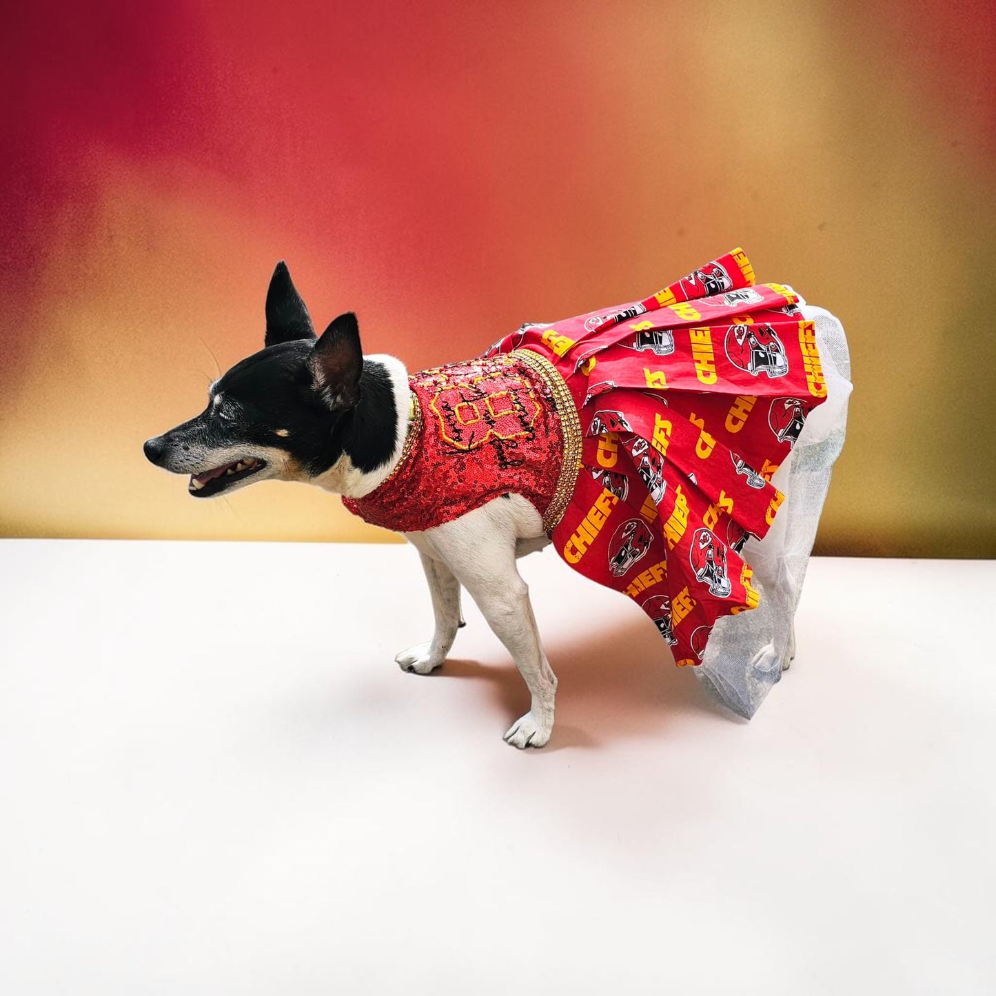 Kansas City Chiefs pet dress, karma is the guy on the chiefs pet dress, chiefs sequin pet dress, chiefs dog dress, 87 kelce pet dress