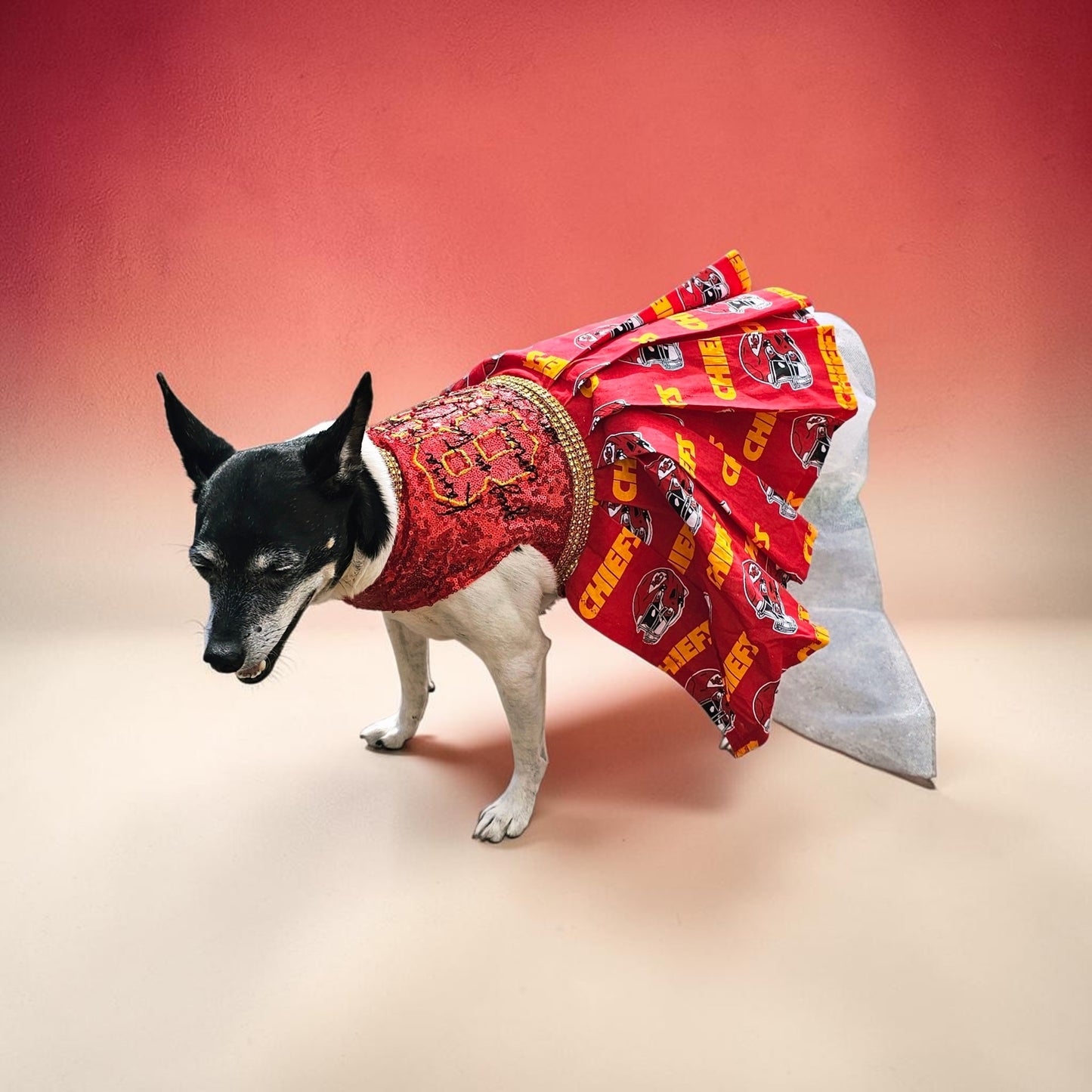 Kansas City Chiefs pet dress, karma is the guy on the chiefs pet dress, chiefs sequin pet dress, chiefs dog dress, 87 kelce pet dress