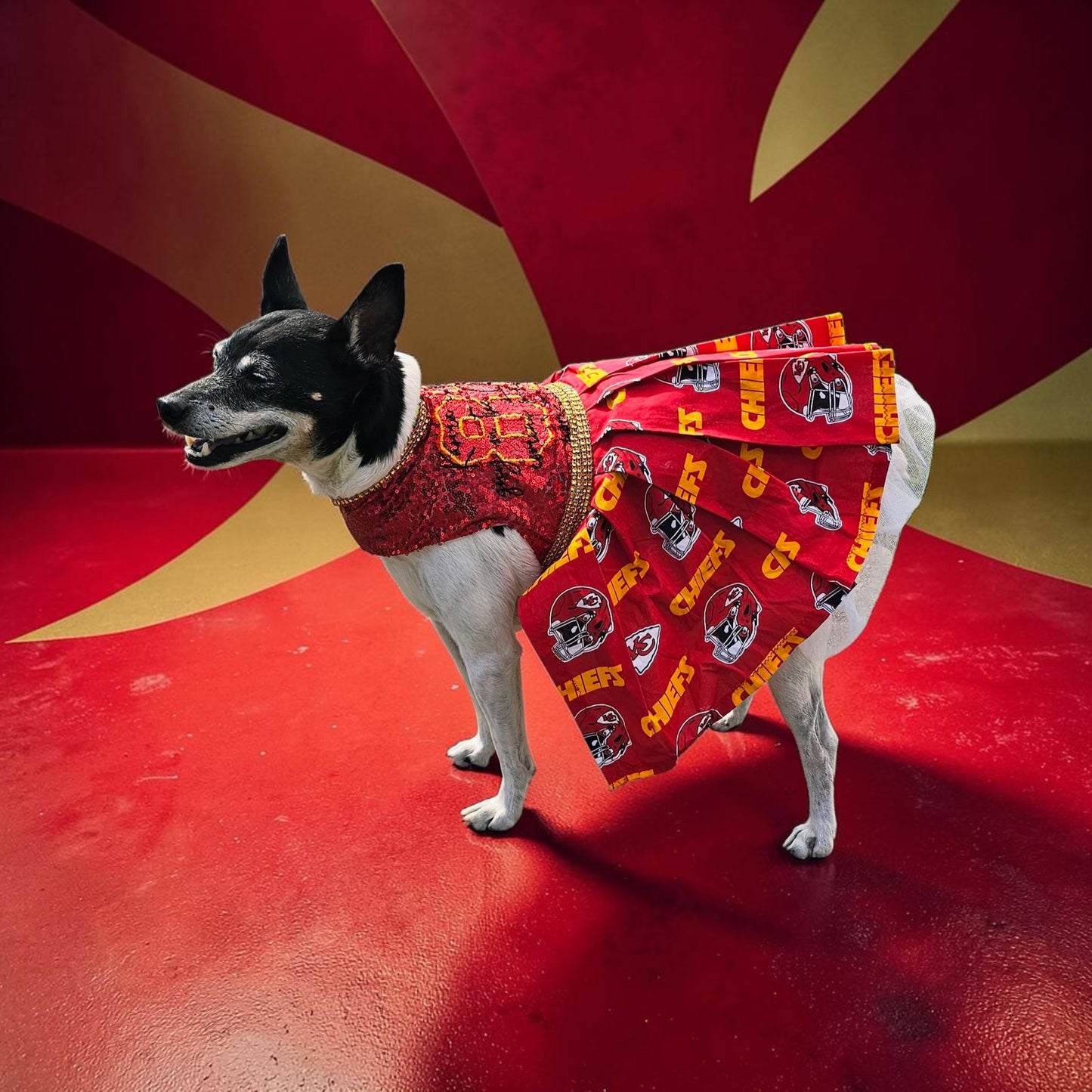 Kansas City Chiefs pet dress, karma is the guy on the chiefs pet dress, chiefs sequin pet dress, chiefs dog dress, 87 kelce pet dress