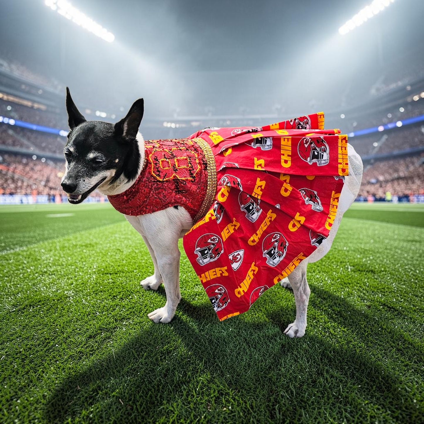 Kansas City Chiefs pet dress, karma is the guy on the chiefs pet dress, chiefs sequin pet dress, chiefs dog dress, 87 kelce pet dress