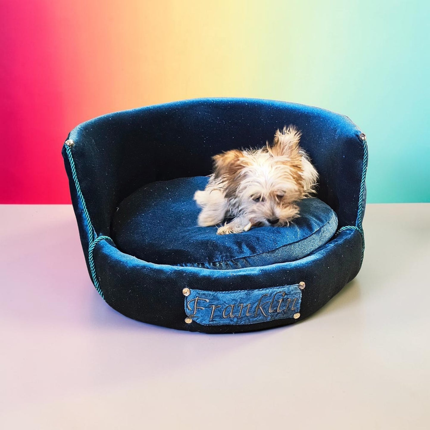 Personalized embroidered glitter round pet bed, custom dog bed