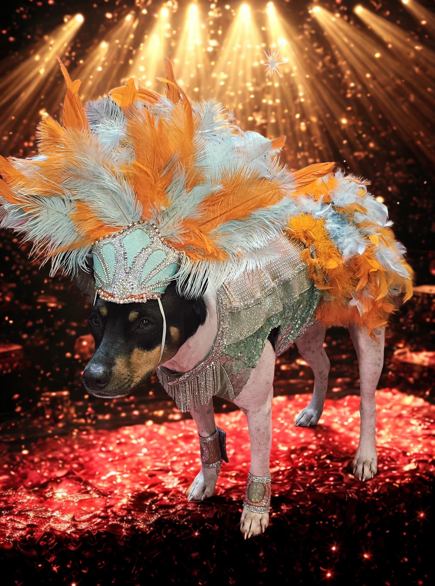 Showgirl pet costume, Life of showpet costume, feather showgirl pet costume