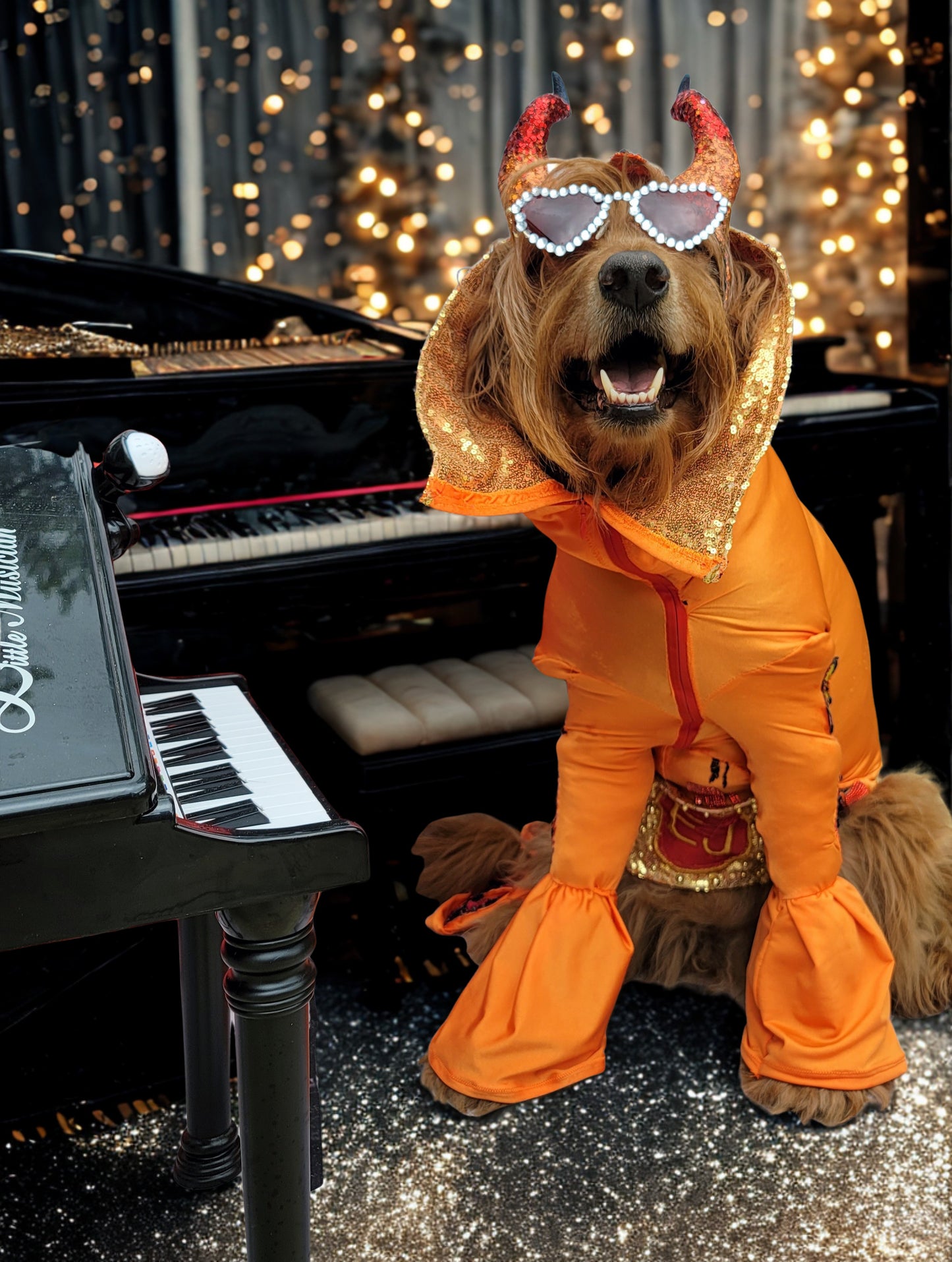 Elton John Rocketman Orange Devil Pet Costume, Elton John Rocketman bejeweled "Devil" pet dog cat costume, Orange Devil pet costume