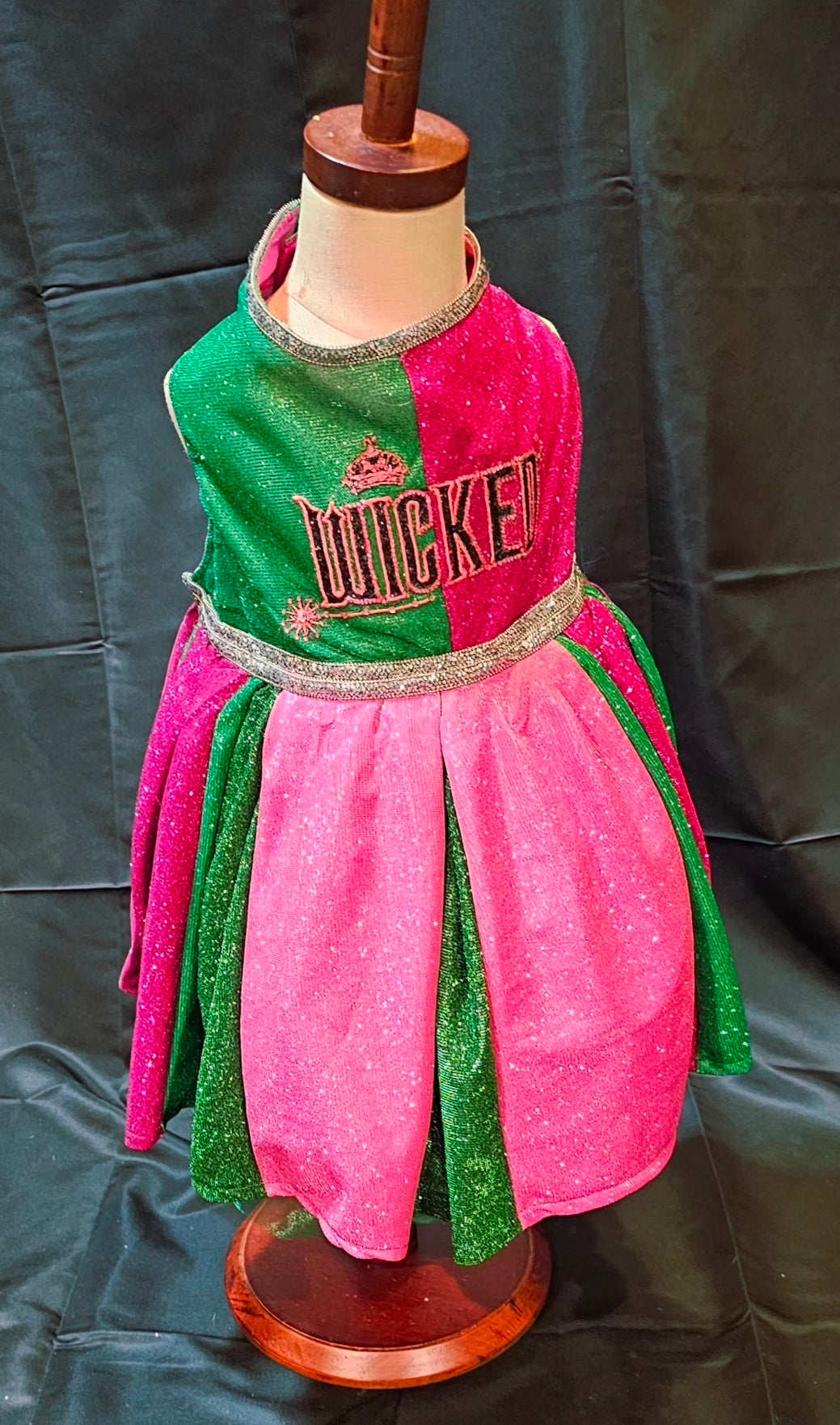 Wicked glitter embroidered pet dress, pink and green wicked pet dress